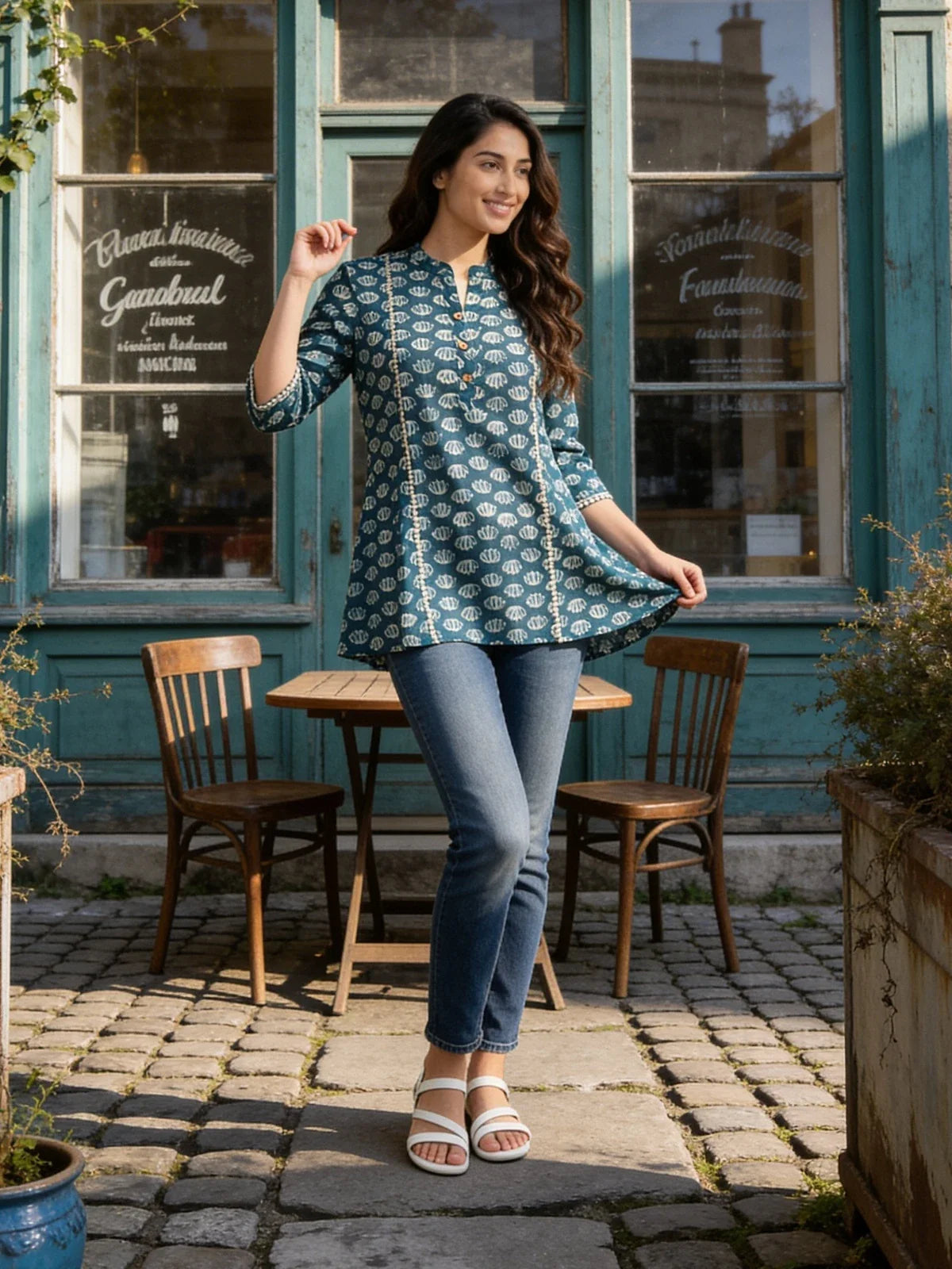 Buy Cotton Printed Straight Above Knee Short Kurta-Grey