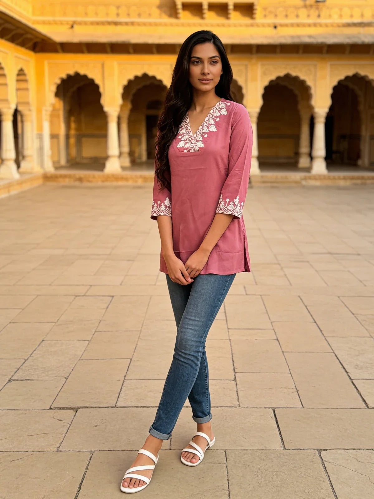 Buy Rayon Embroidered Straight Above Knee Short Kurta-Pink