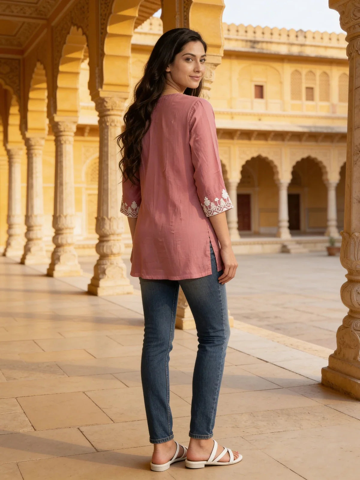 Buy Rayon Embroidered Straight Above Knee Short Kurta-Pink
