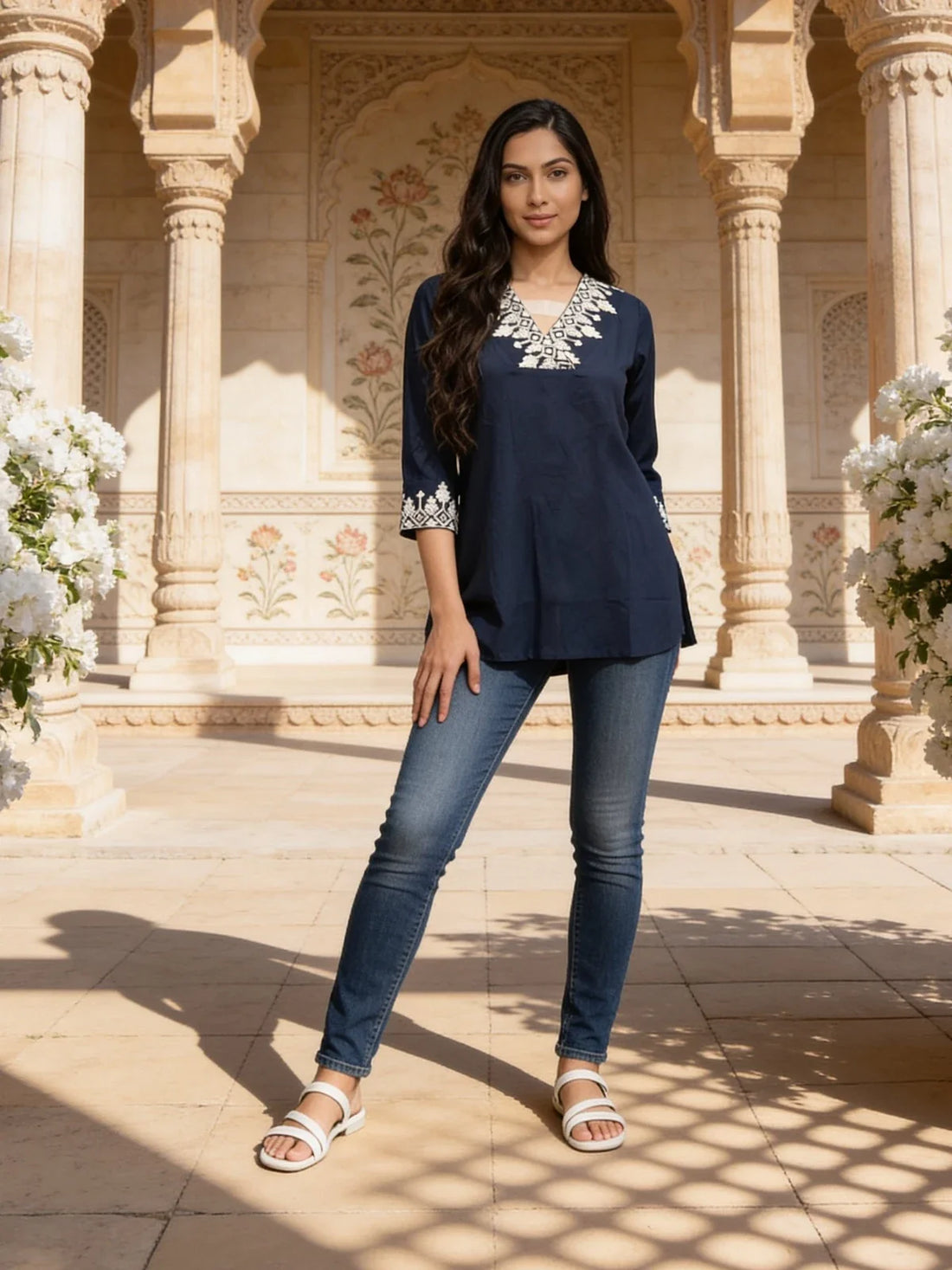 Buy Rayon Embroidered Straight Above Knee Short Kurta-Blue