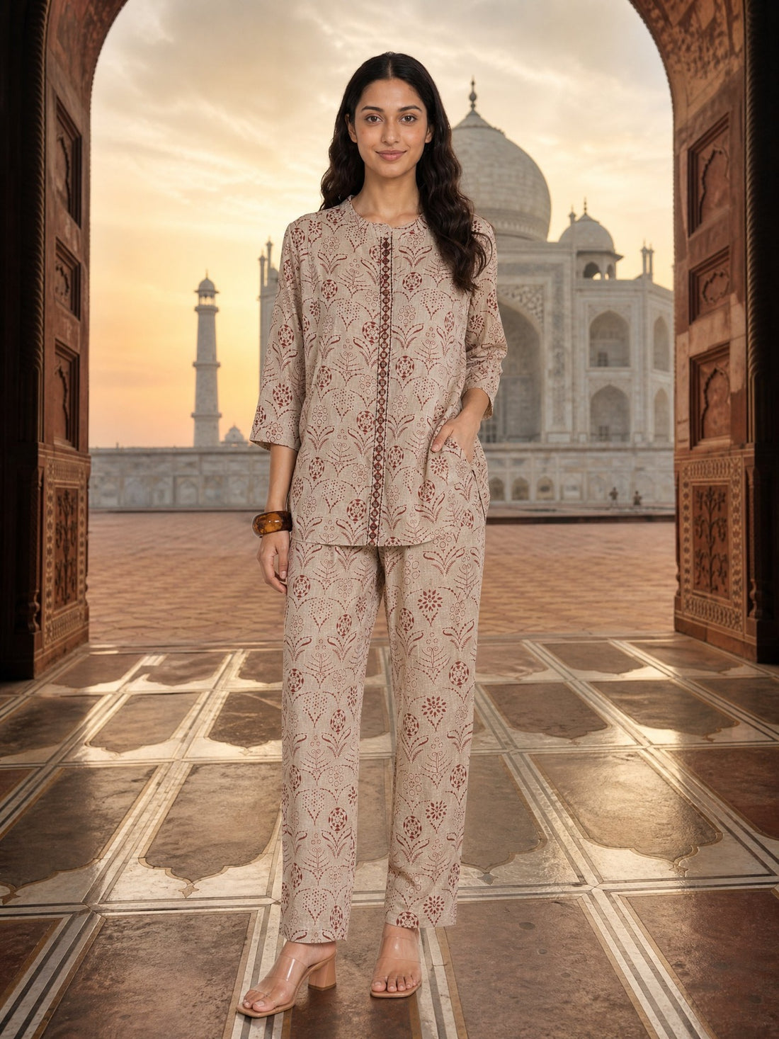 Buy Cotton Embroidered Straight Co-Ord Set-Red