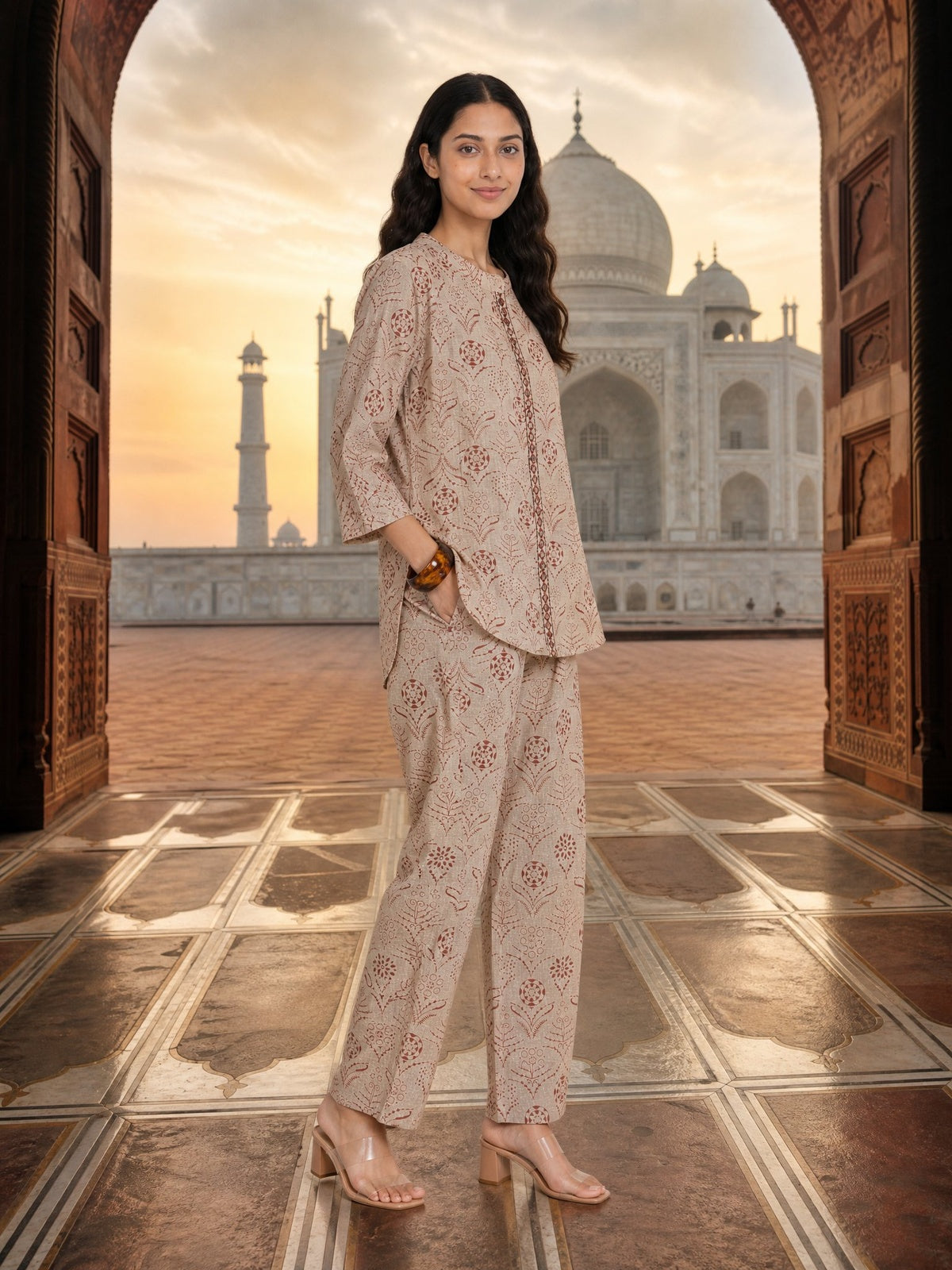 Buy Cotton Embroidered Straight Co-Ord Set-Red