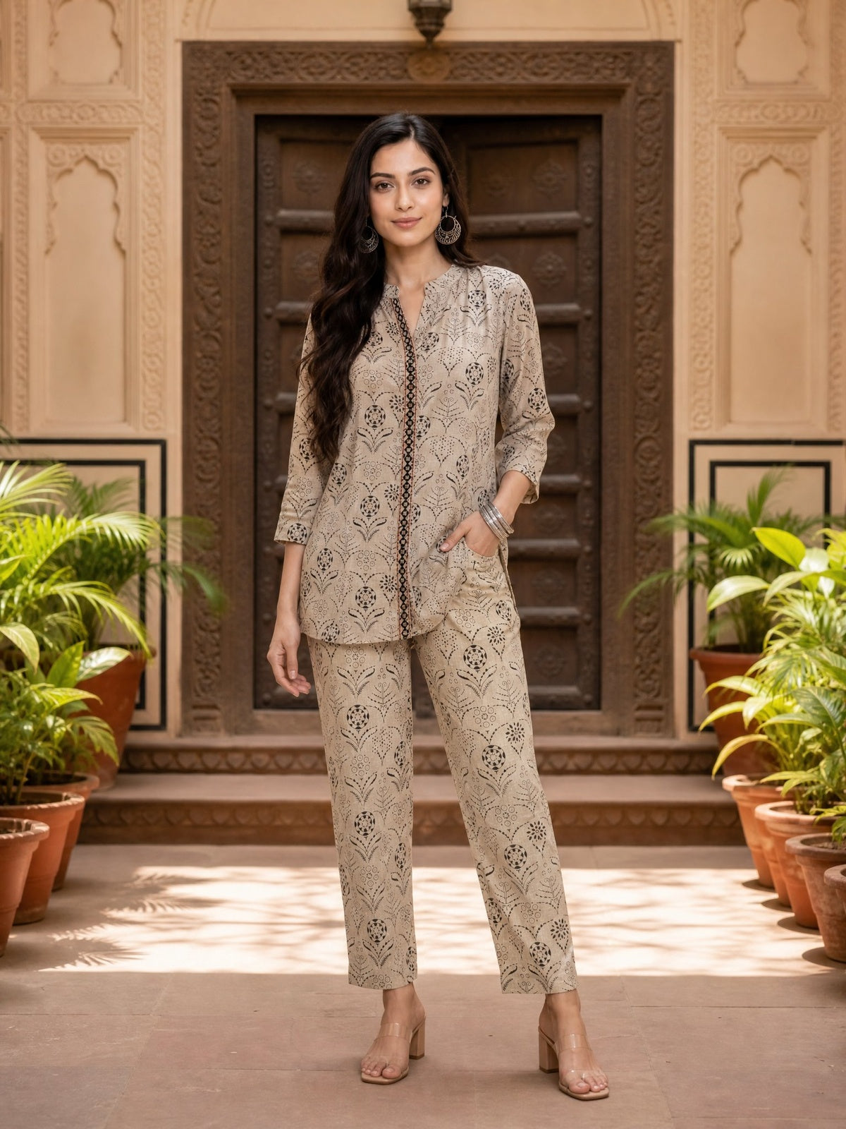 Buy Cotton Embroidered Straight Co-Ord Set-Black