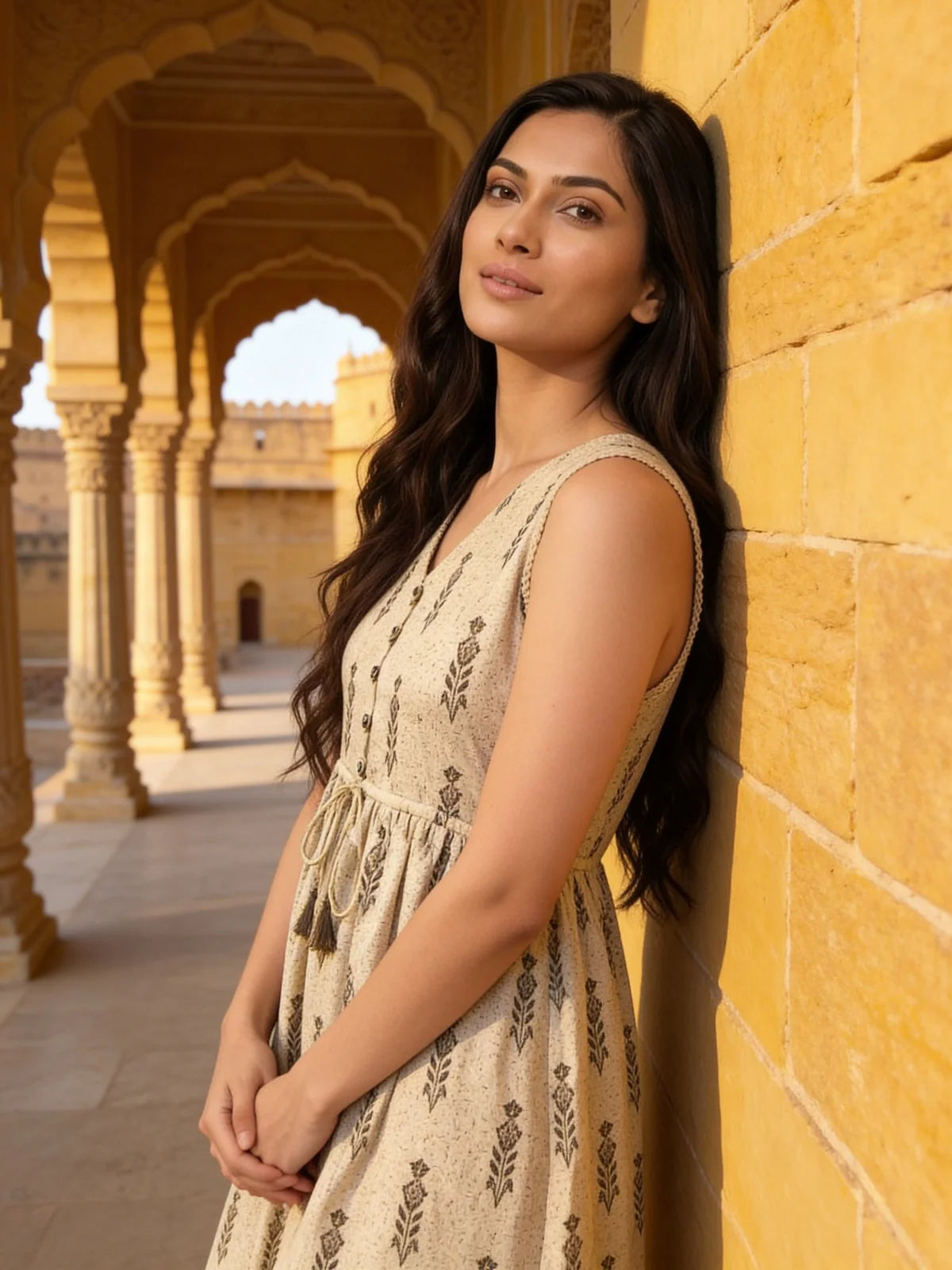 Buy Cotton Printed Flared Calf Length Dress-Grey