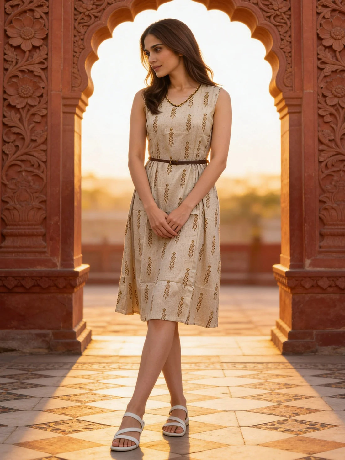 Buy Cotton Printed Flared Calf Length Dress-Brown