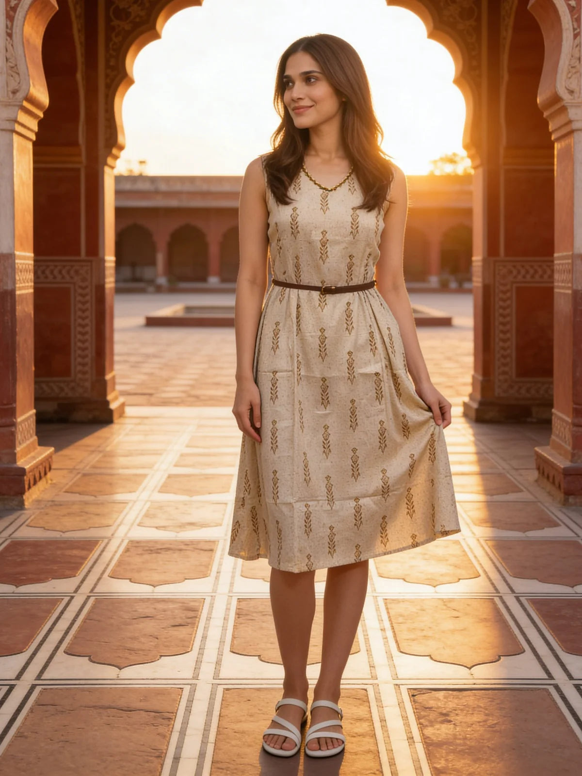 Buy Cotton Printed Flared Calf Length Dress-Brown