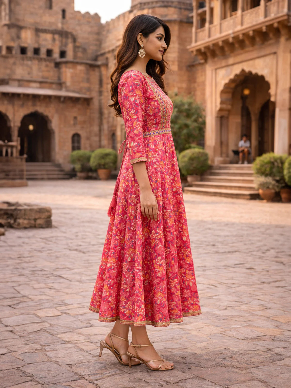 Buy Rayon Embroidered Flared Calf Length Dress-Pink