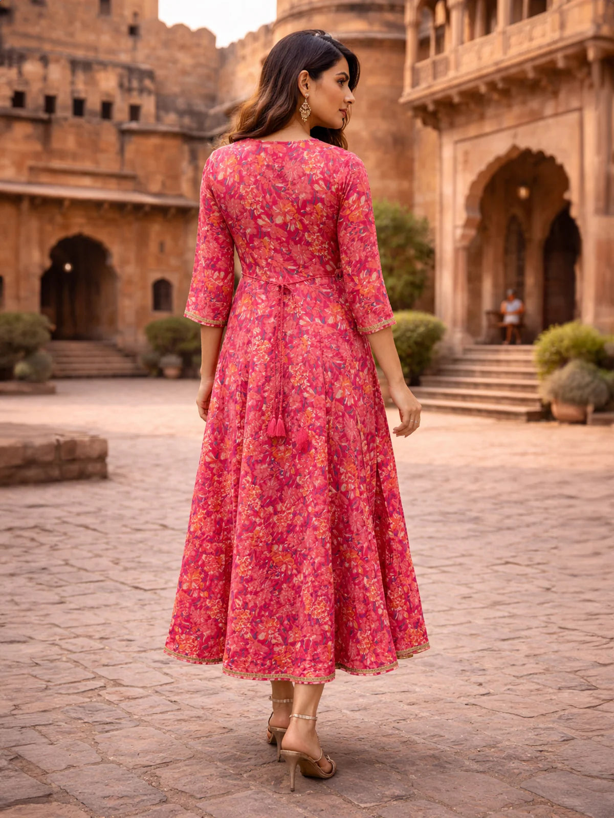 Buy Rayon Embroidered Flared Calf Length Dress-Pink