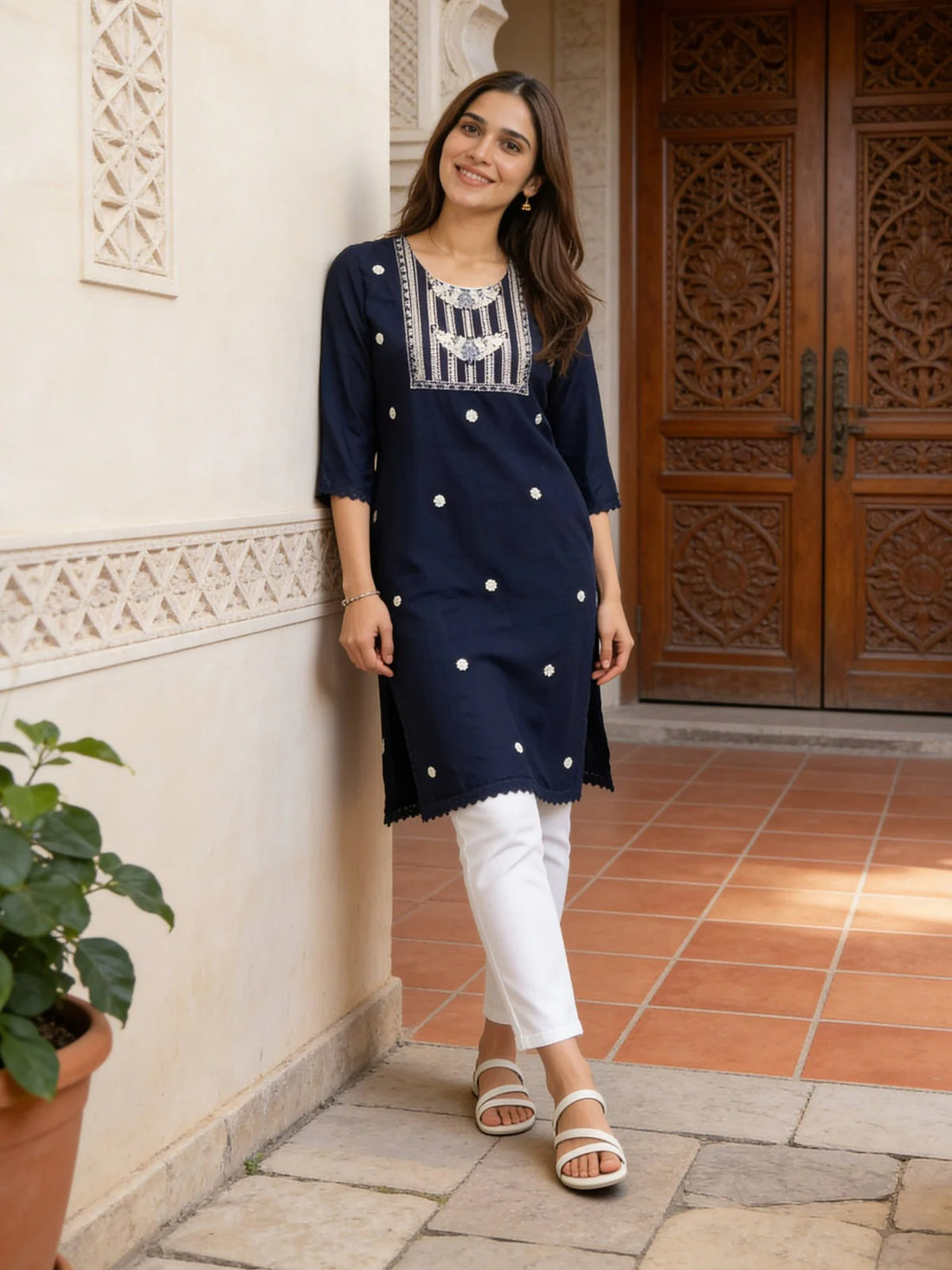 Buy Rayon Embroidered Straight Calf Length Kurta-Blue