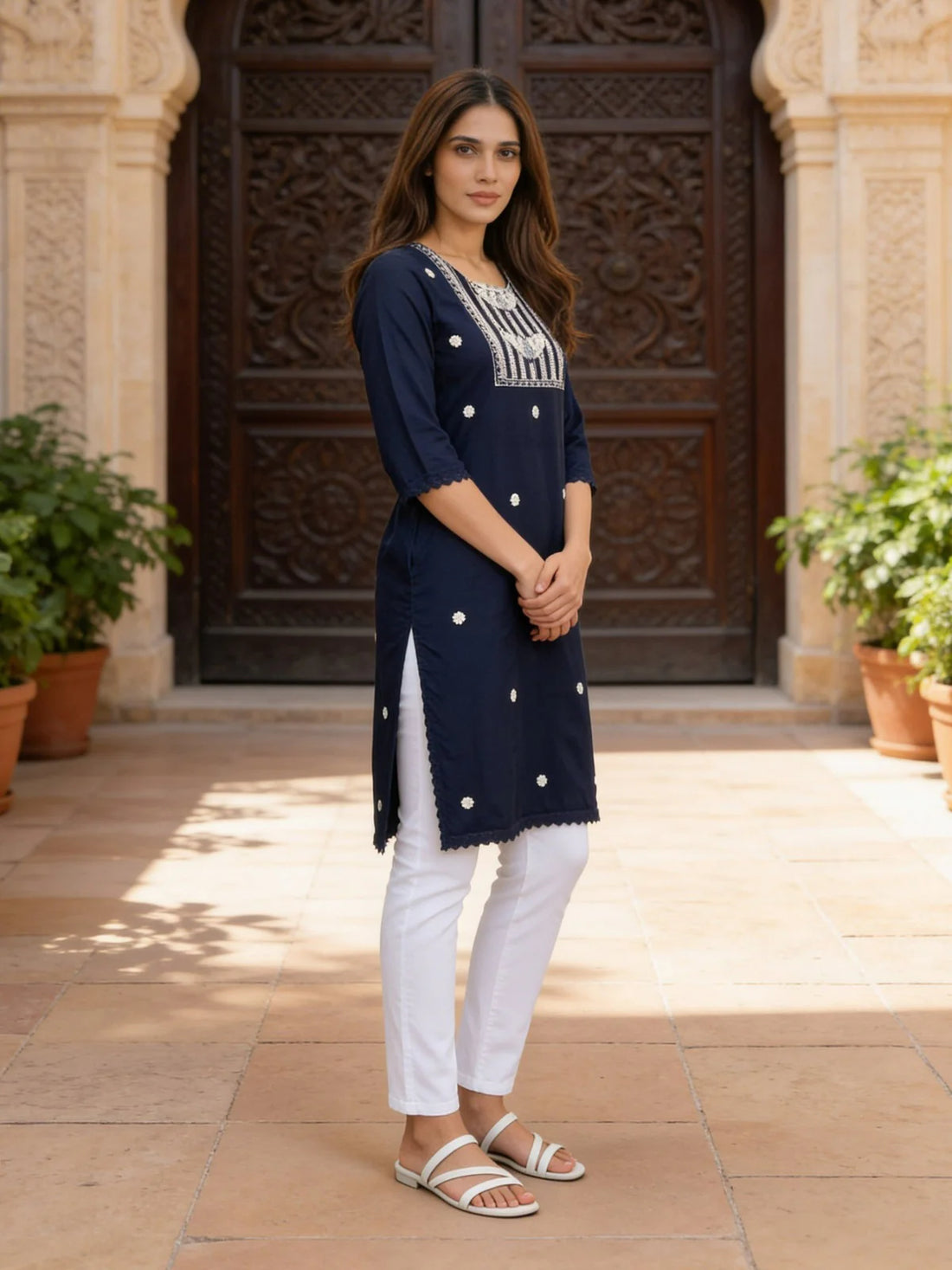 Buy Rayon Embroidered Straight Calf Length Kurta-Blue