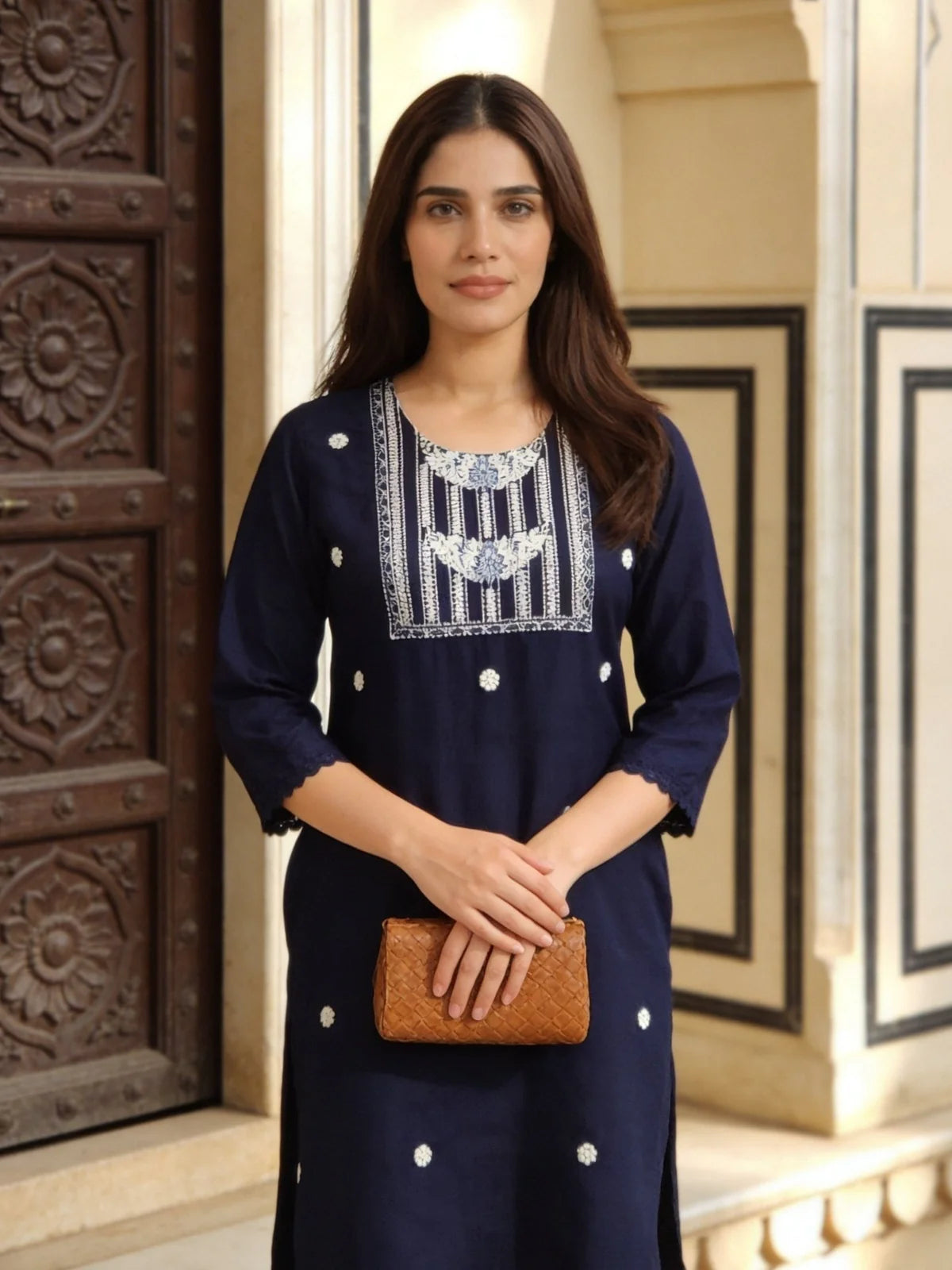Buy Rayon Embroidered Straight Calf Length Kurta-Blue