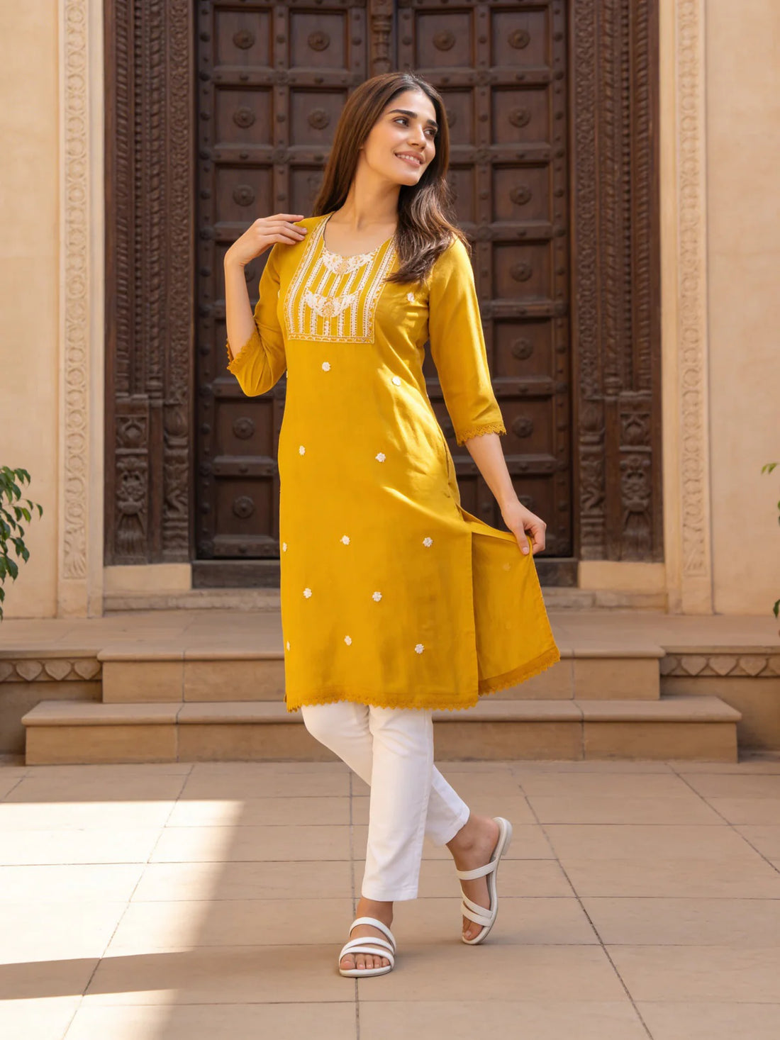 Buy Rayon Embroidered Straight Calf Length Kurta-Mustard