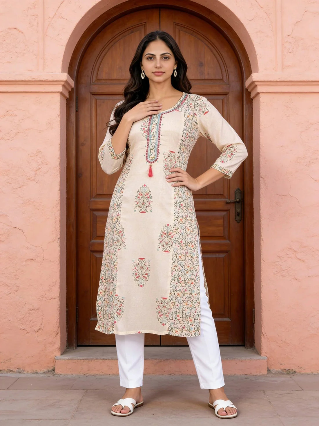 Buy Rayon Embroidered Straight Calf Length Kurta-Cream