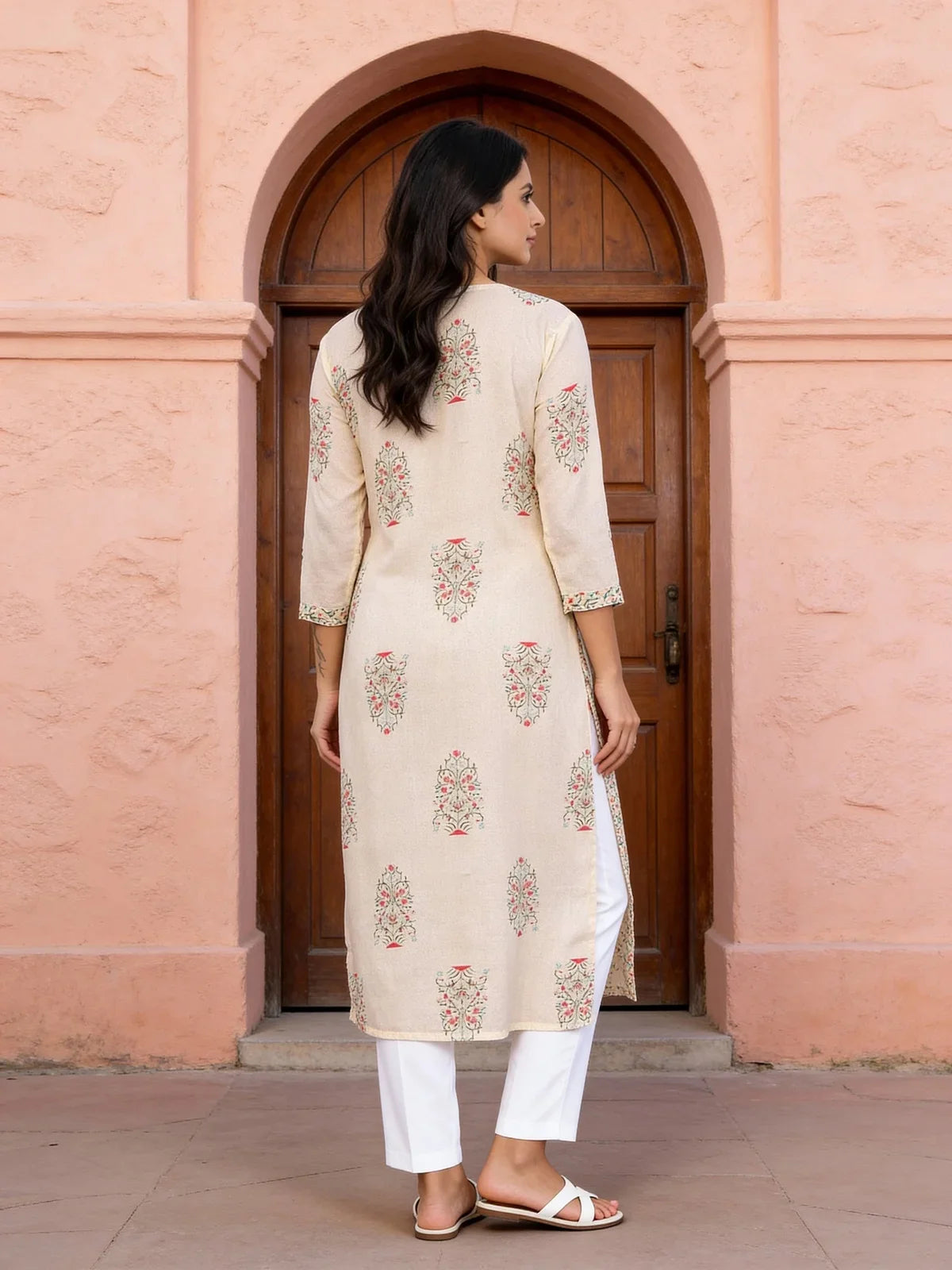 Buy Rayon Embroidered Straight Calf Length Kurta-Cream