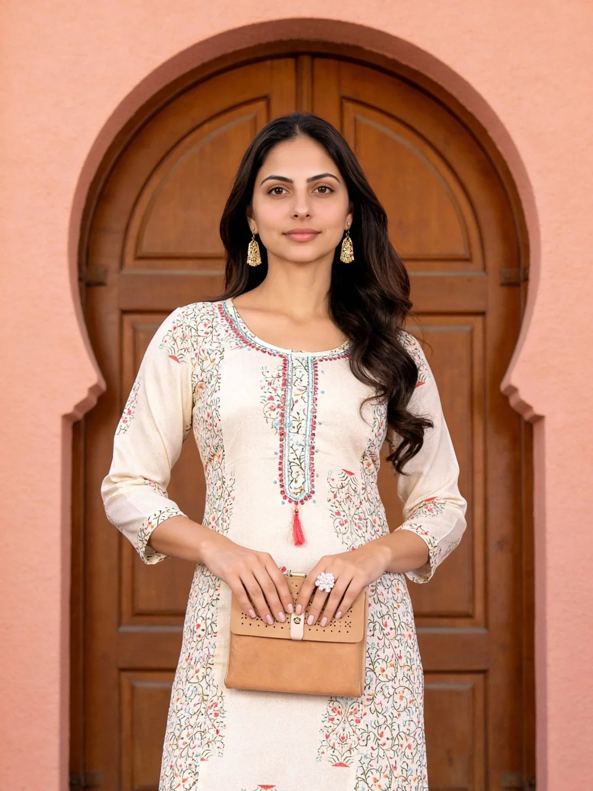 Buy Rayon Embroidered Straight Calf Length Kurta-Cream