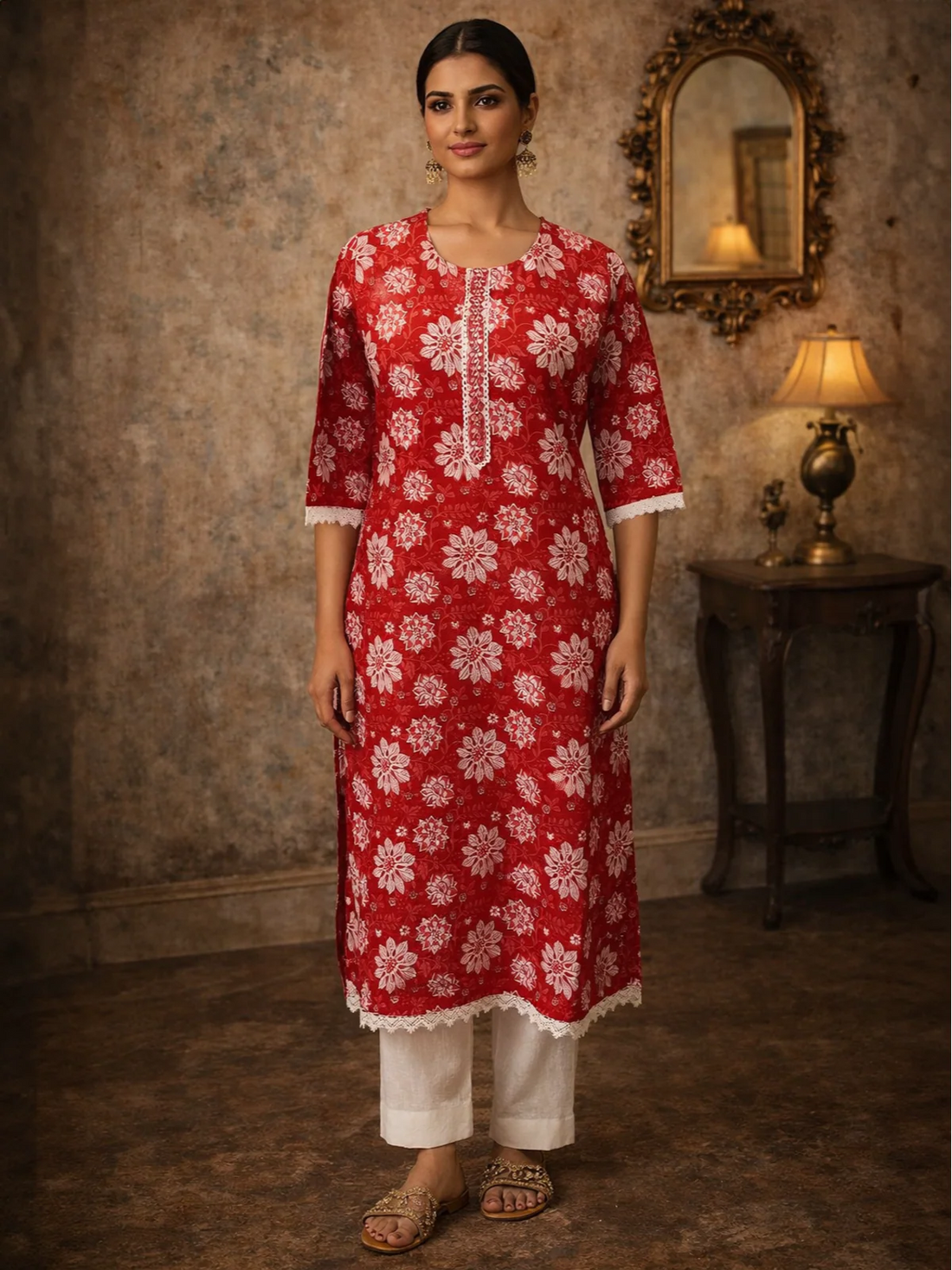 Buy Cotton Embroidered Straight Knee Length Kurta-Red