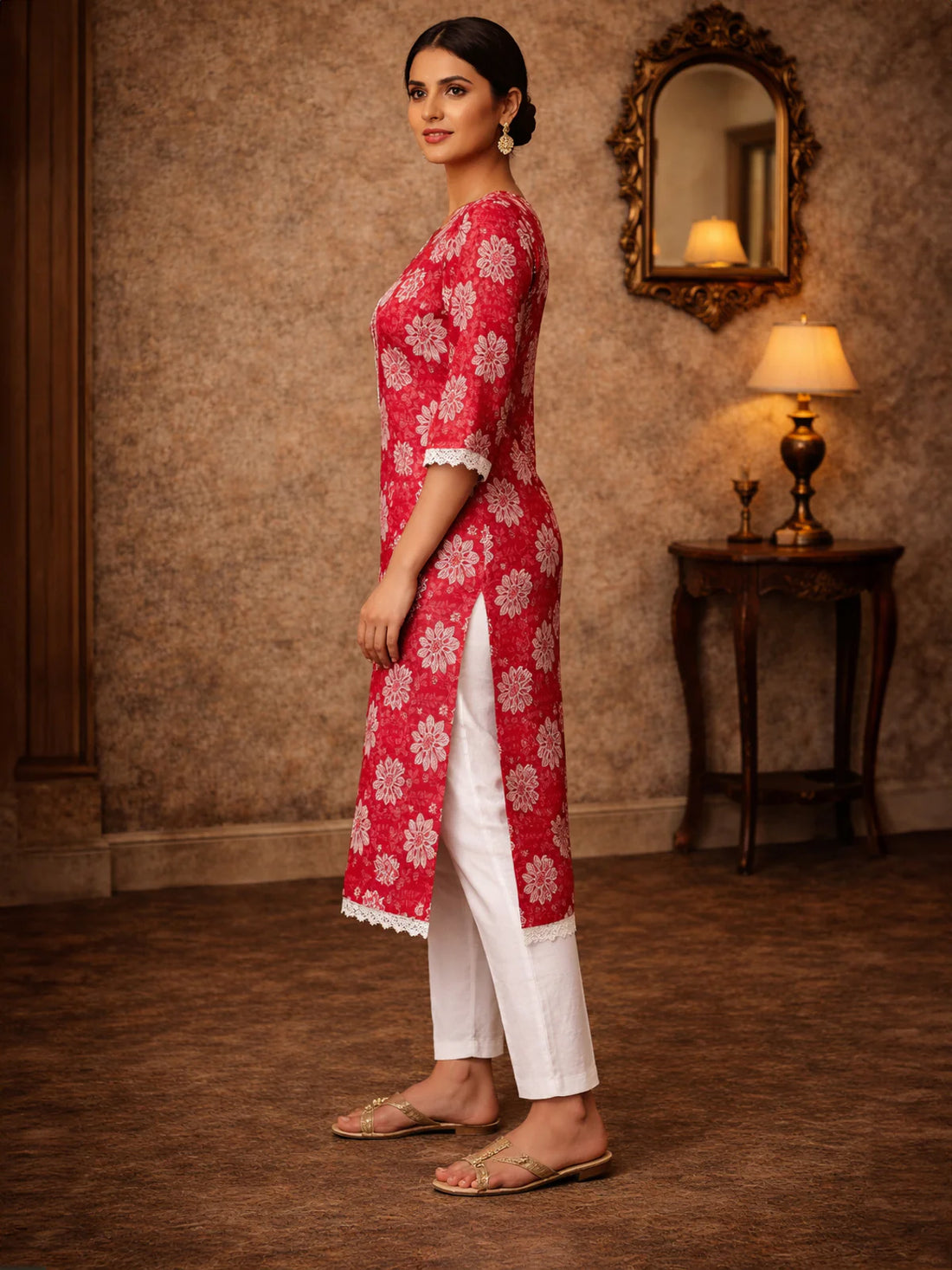 Buy Cotton Embroidered Straight Knee Length Kurta-Red