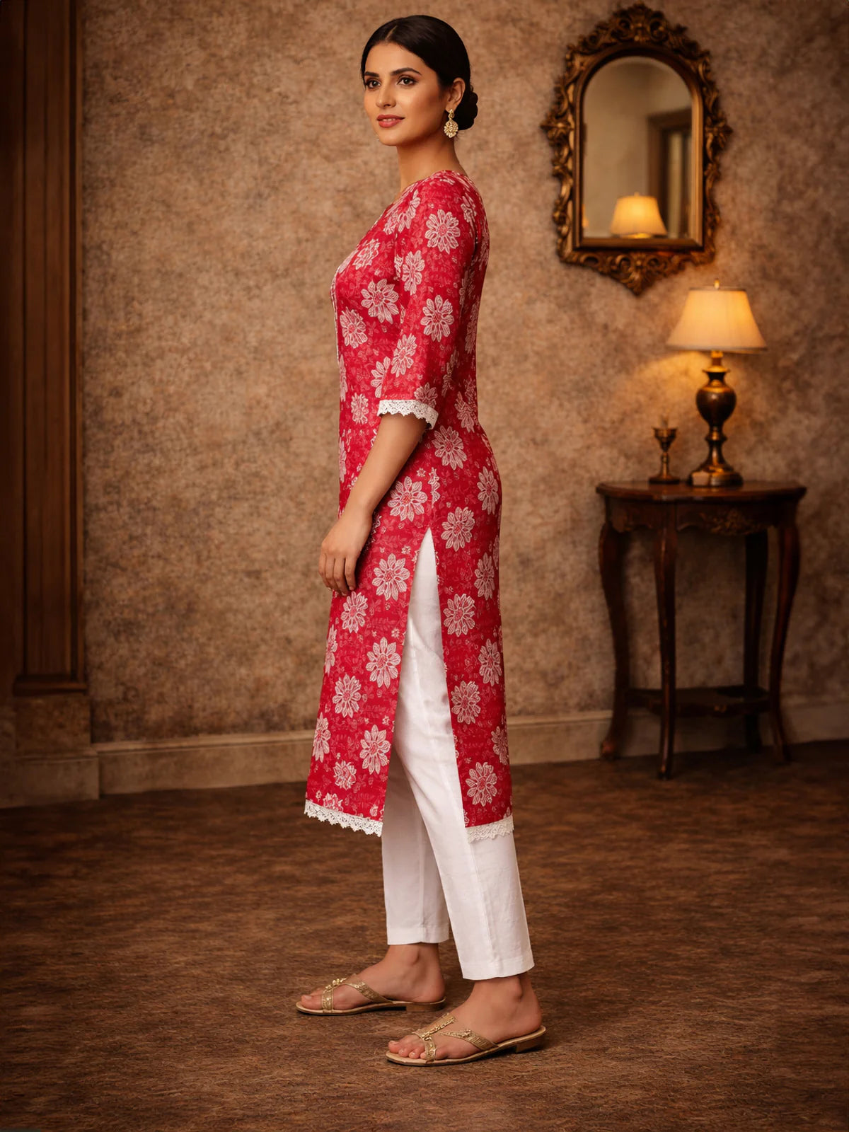 Buy Cotton Embroidered Straight Knee Length Kurta-Red