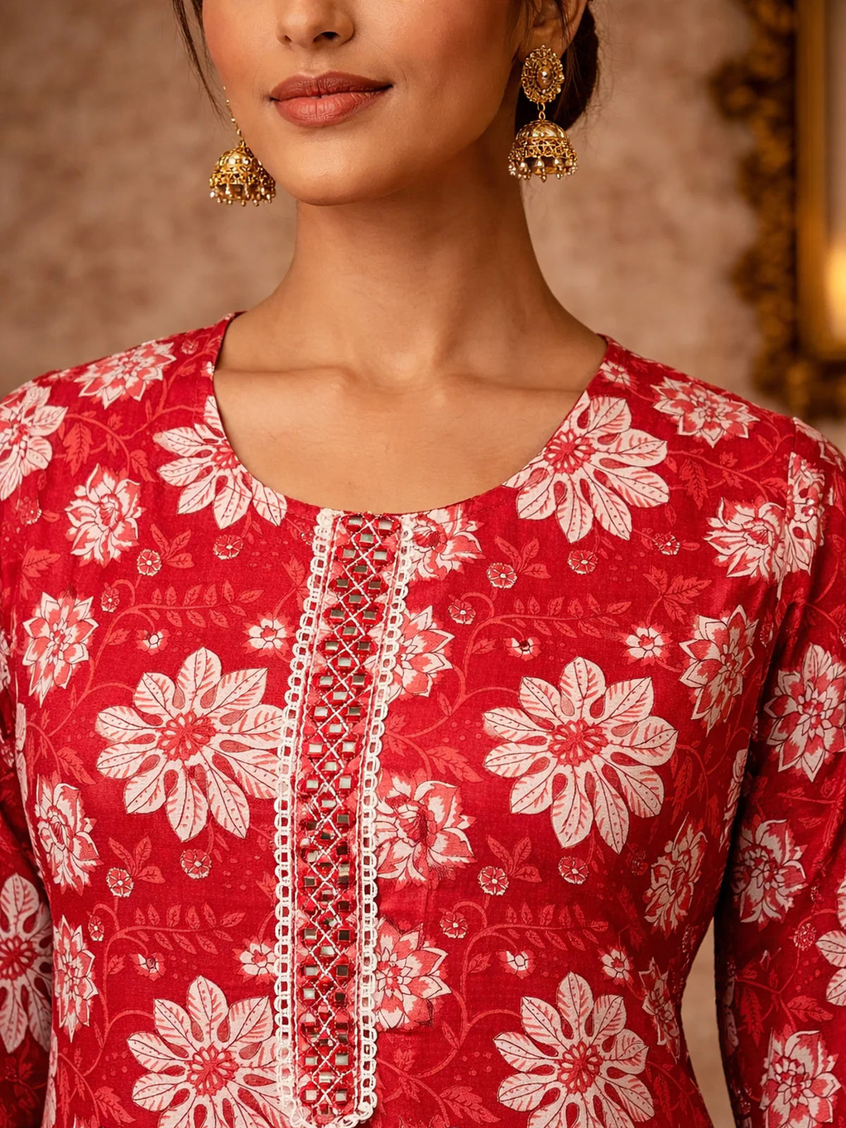 Buy Cotton Embroidered Straight Knee Length Kurta-Red