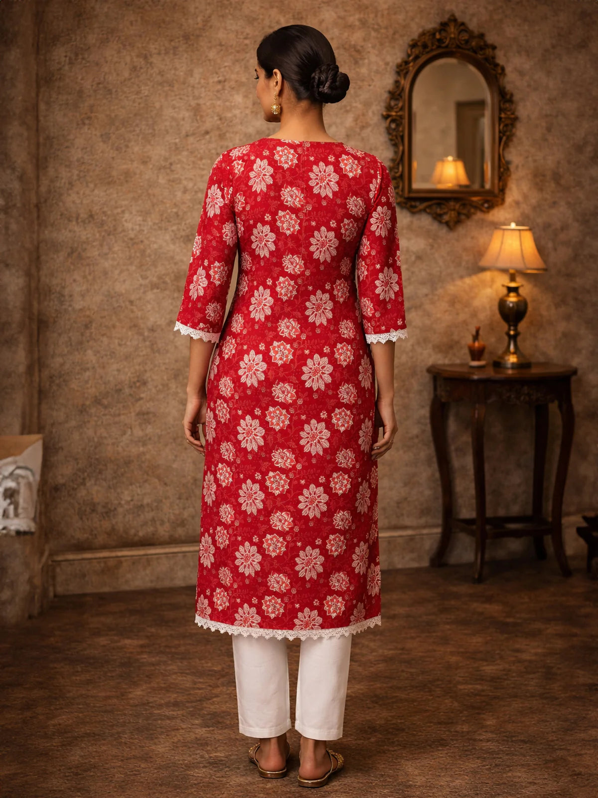 Buy Cotton Embroidered Straight Knee Length Kurta-Red