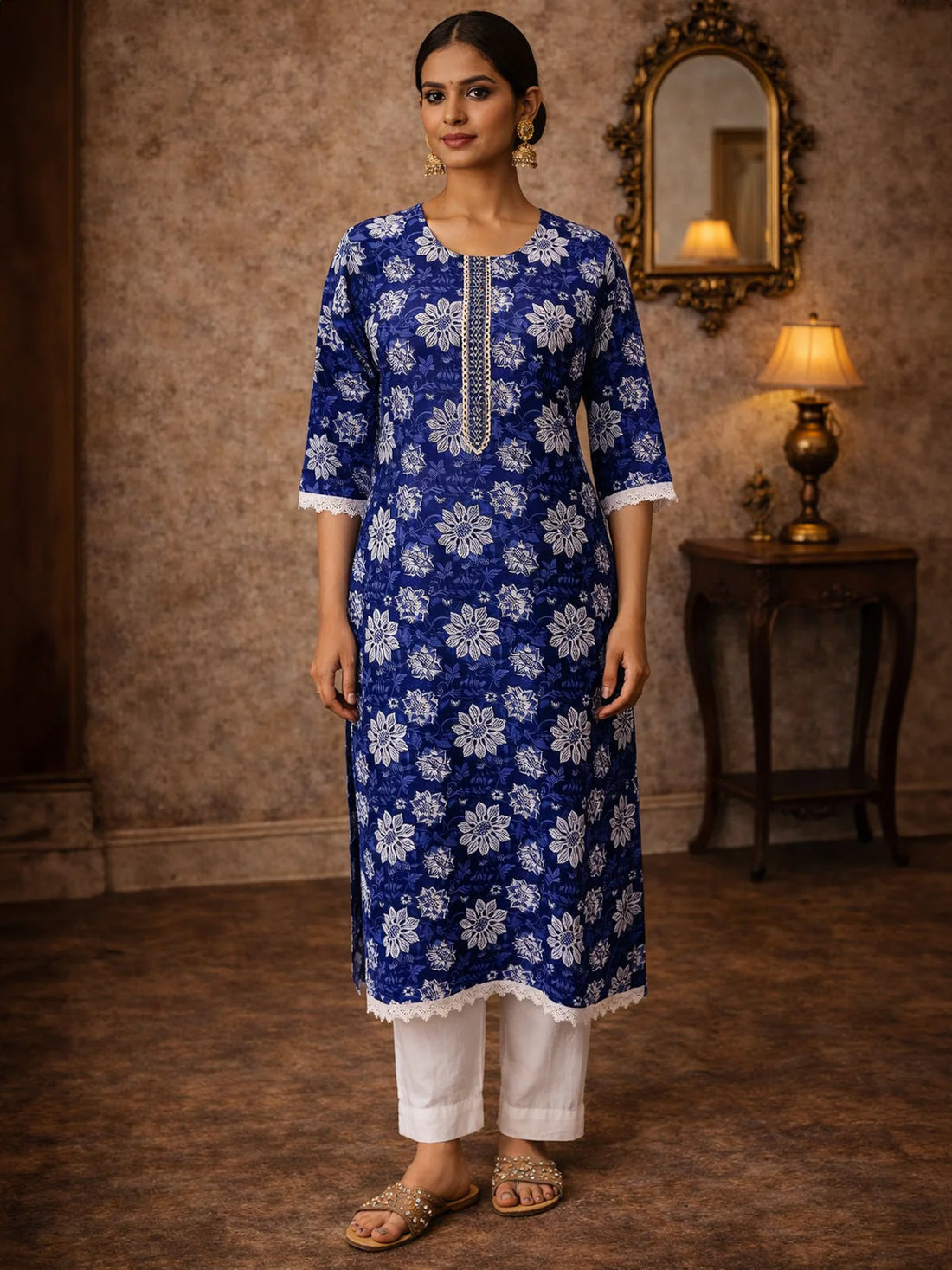 Buy Cotton Embroidered Straight Knee Length Kurta-Blue