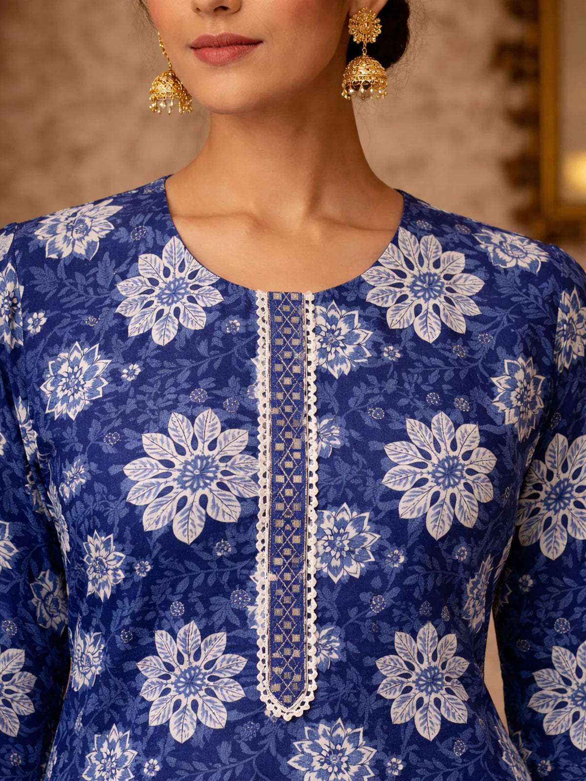 Buy Cotton Embroidered Straight Knee Length Kurta-Blue