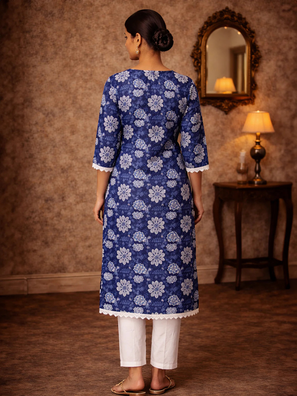 Buy Cotton Embroidered Straight Knee Length Kurta-Blue