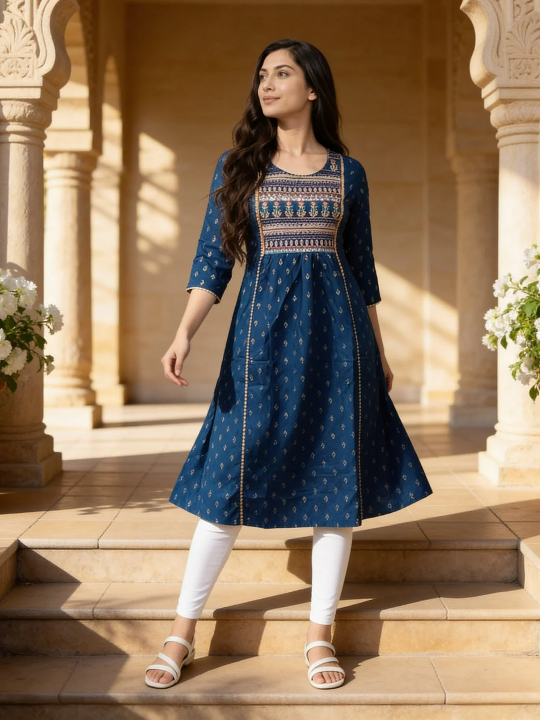 Buy Rayon Embroidered A-Line Calf Length Kurta-Blue