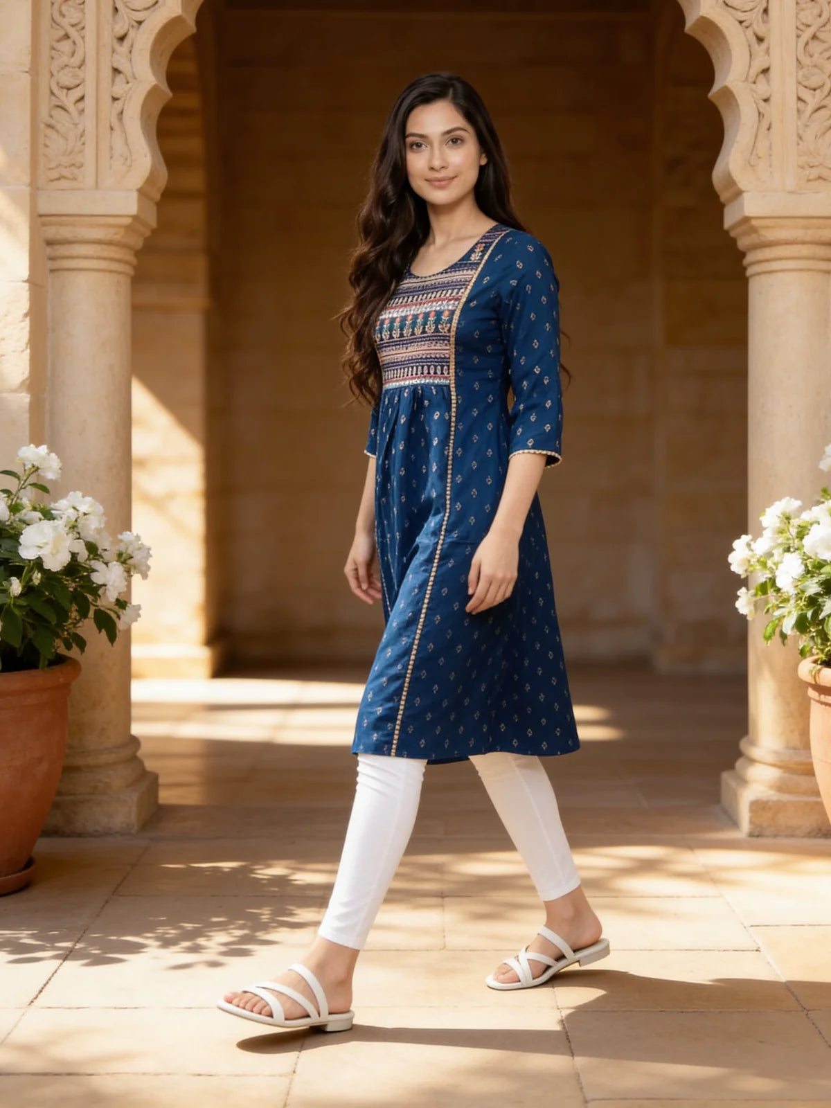 Buy Rayon Embroidered A-Line Calf Length Kurta-Blue