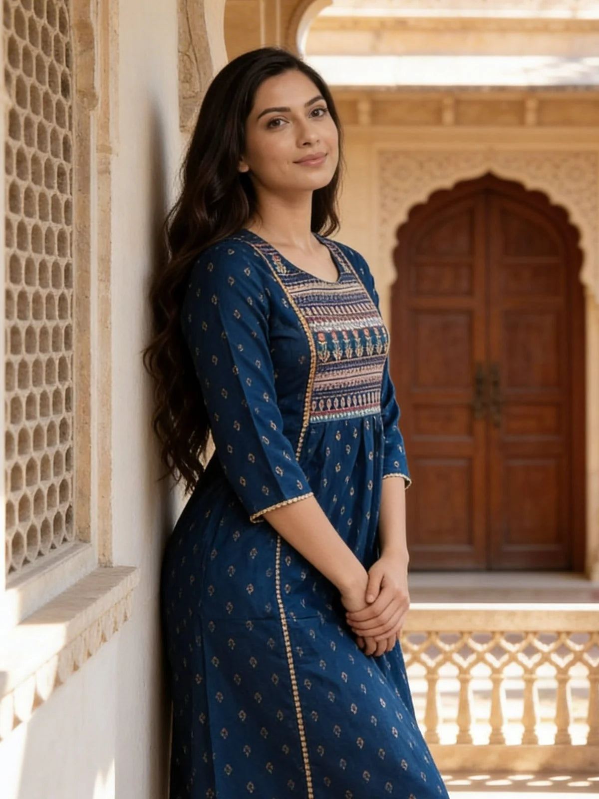 Buy Rayon Embroidered A-Line Calf Length Kurta-Blue