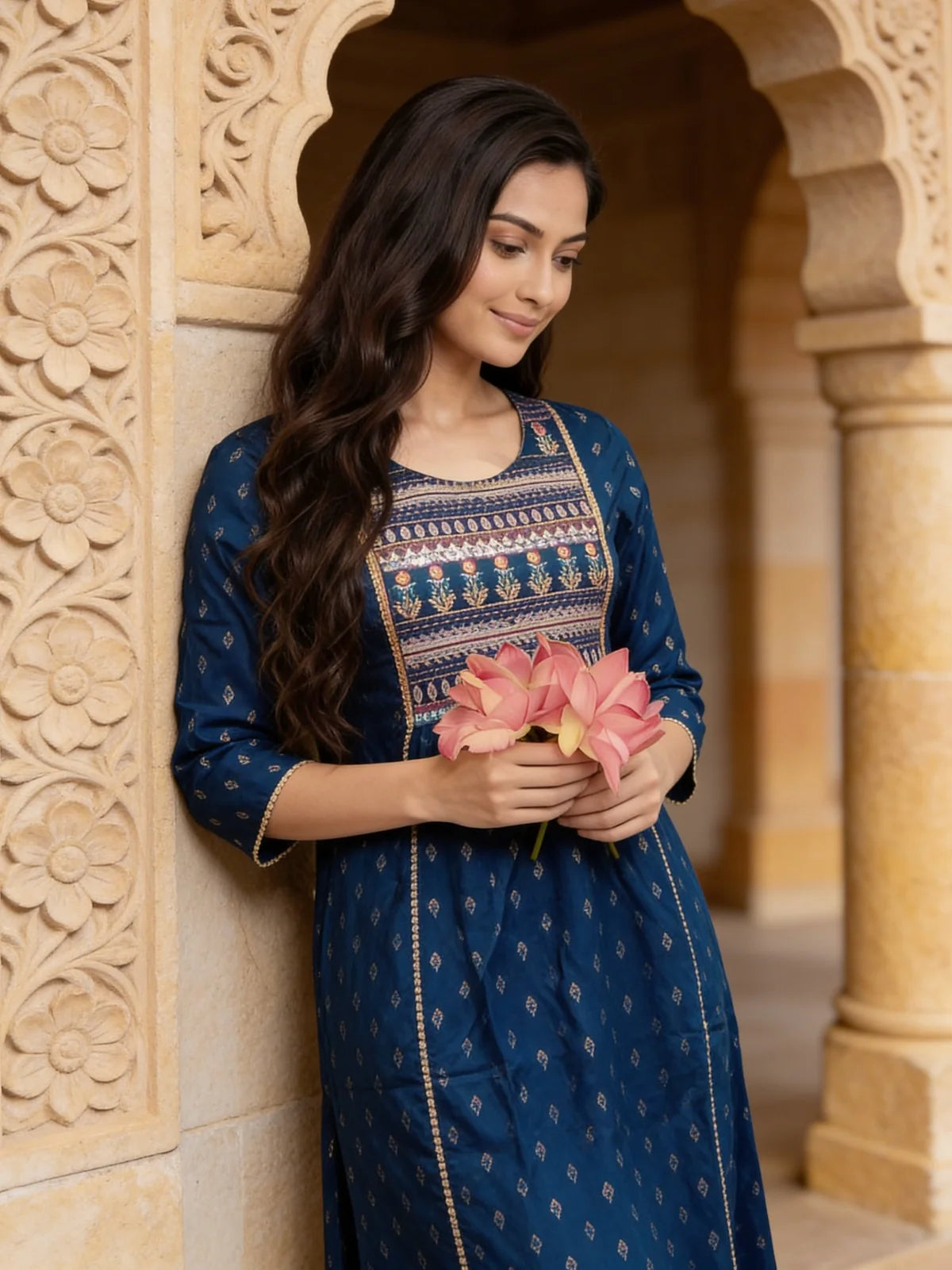 Buy Rayon Embroidered A-Line Calf Length Kurta-Blue