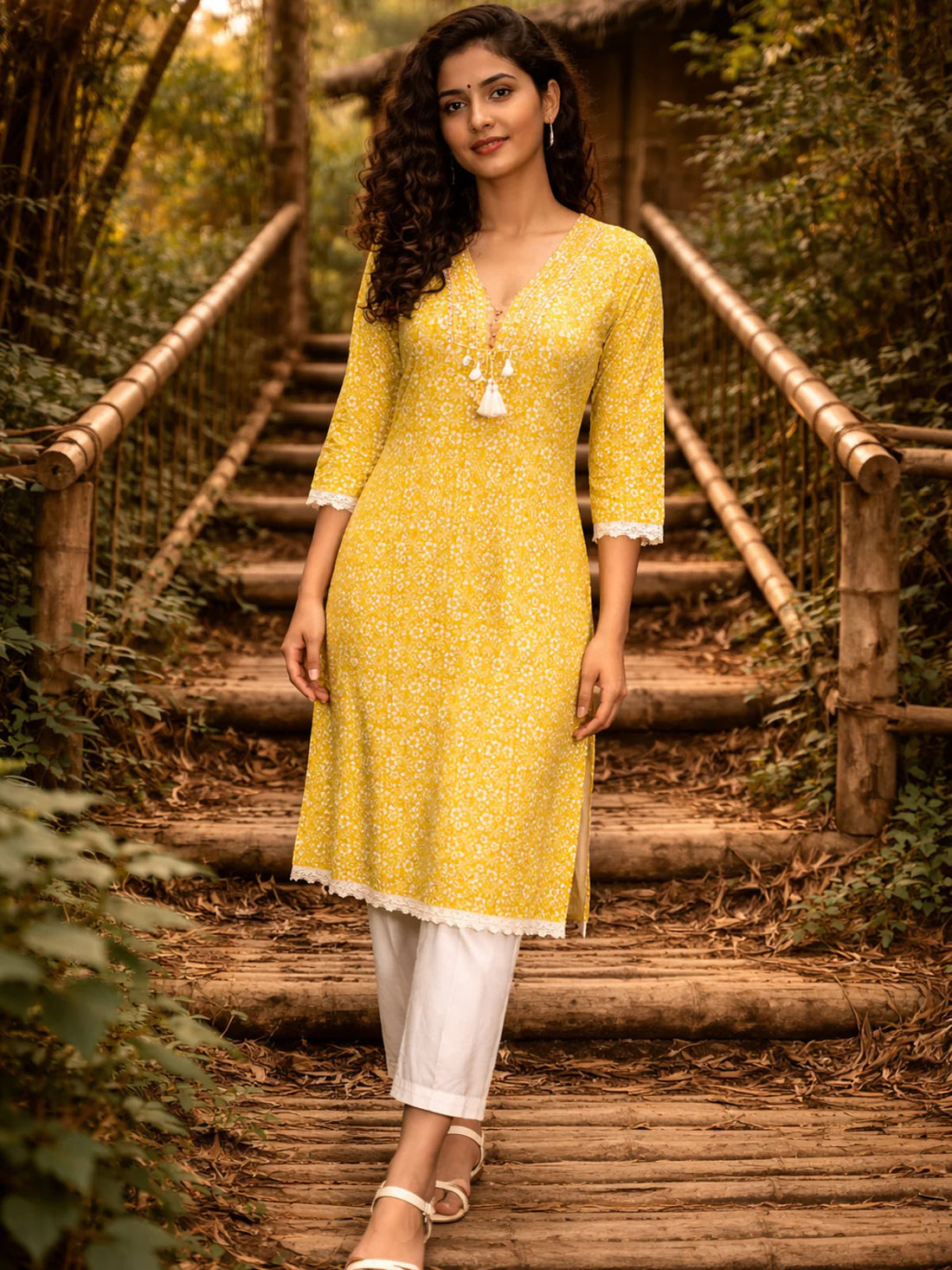 Buy Rayon Embroidered Straight Calf Length Kurta-Yellow