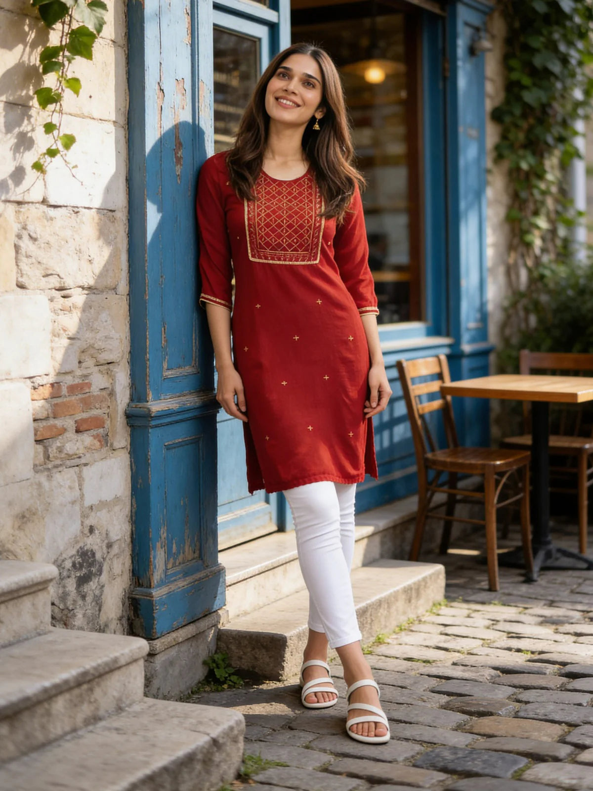 Buy Rayon Embroidered Straight Calf Length Kurta-Maroon