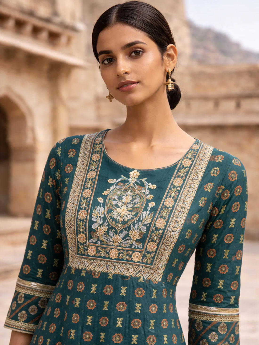 Buy Rayon Embroidered Anarkali Calf Length Kurta-Teal