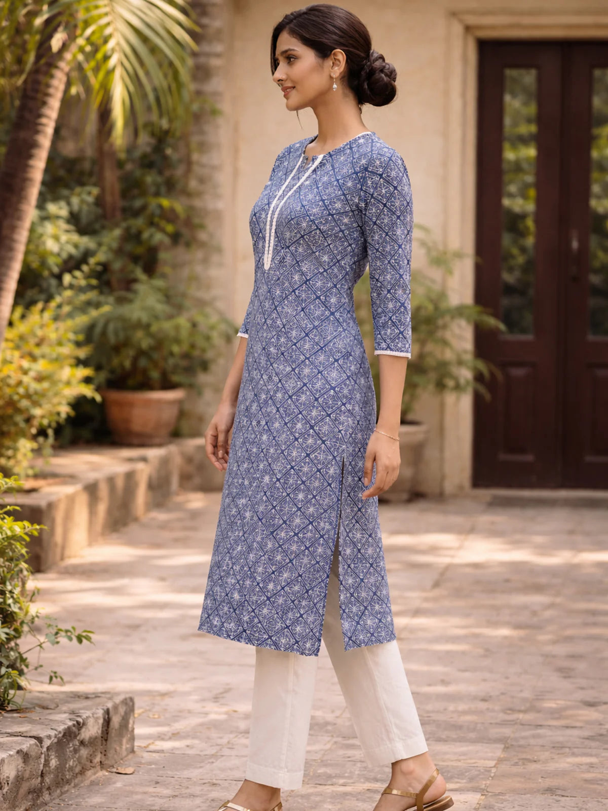 Buy Rayon Printred Straight Knee Length Kurta-Blue