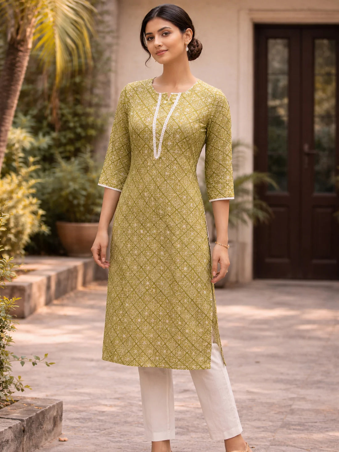 Buy Rayon Printred Straight Knee Length Kurta-Green