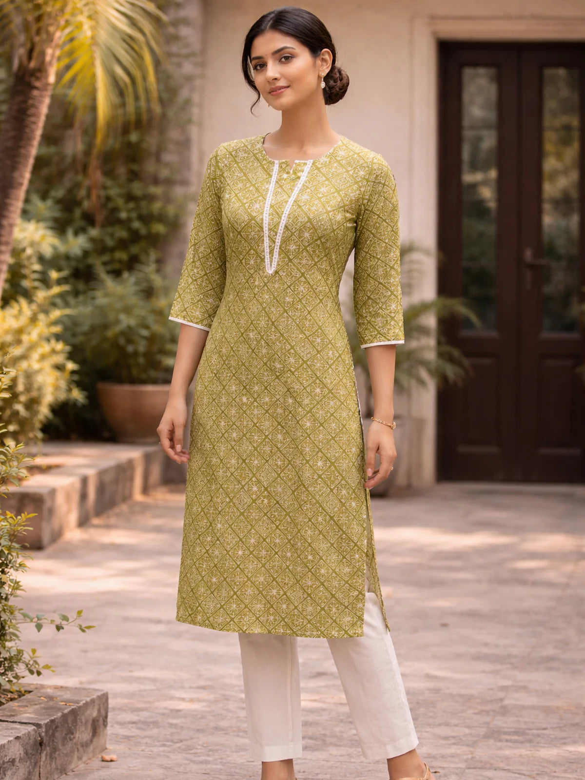 Buy Rayon Printred Straight Knee Length Kurta-Green