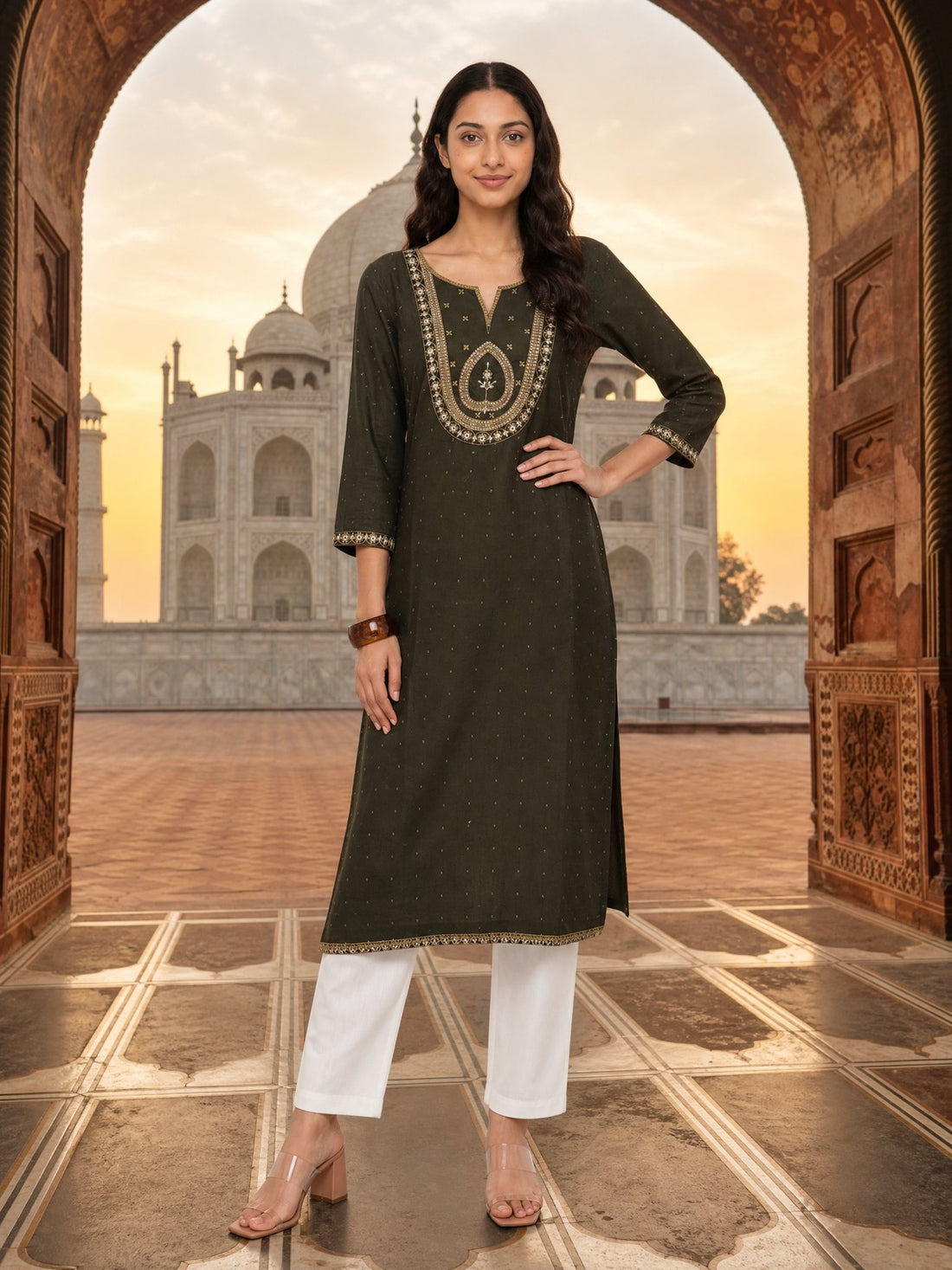 Buy Rayon Embroidered Straight Calf Length Kurta-Green
