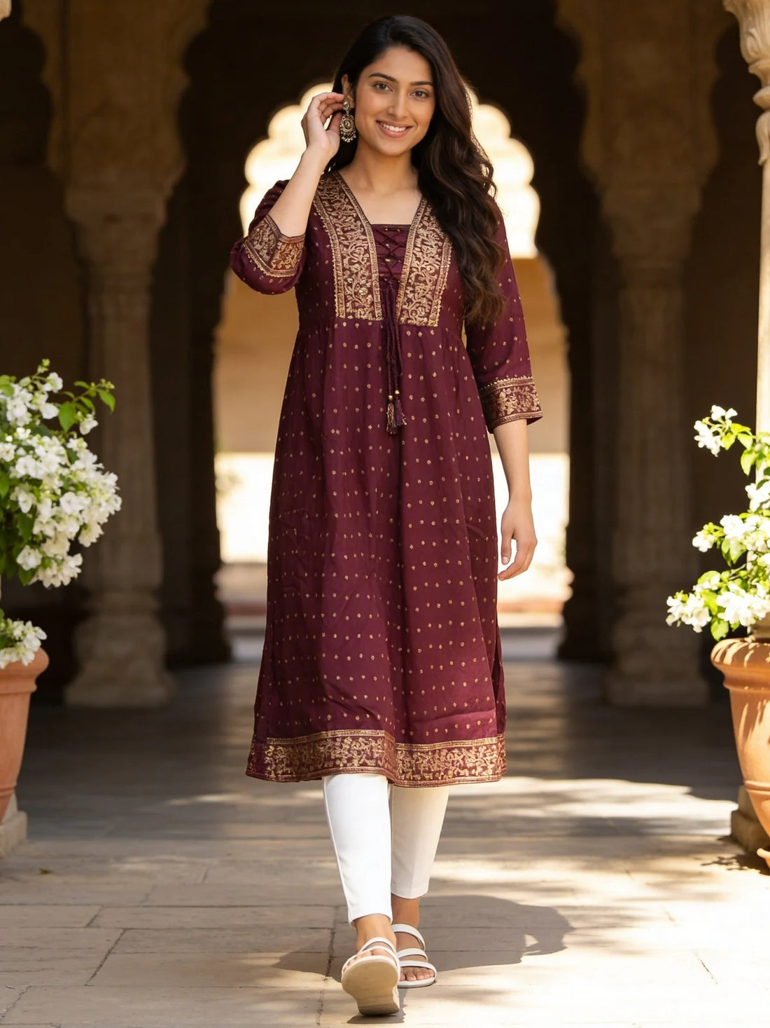 Buy Rayon Embroidered Anarkali Calf Length Kurta-Purple