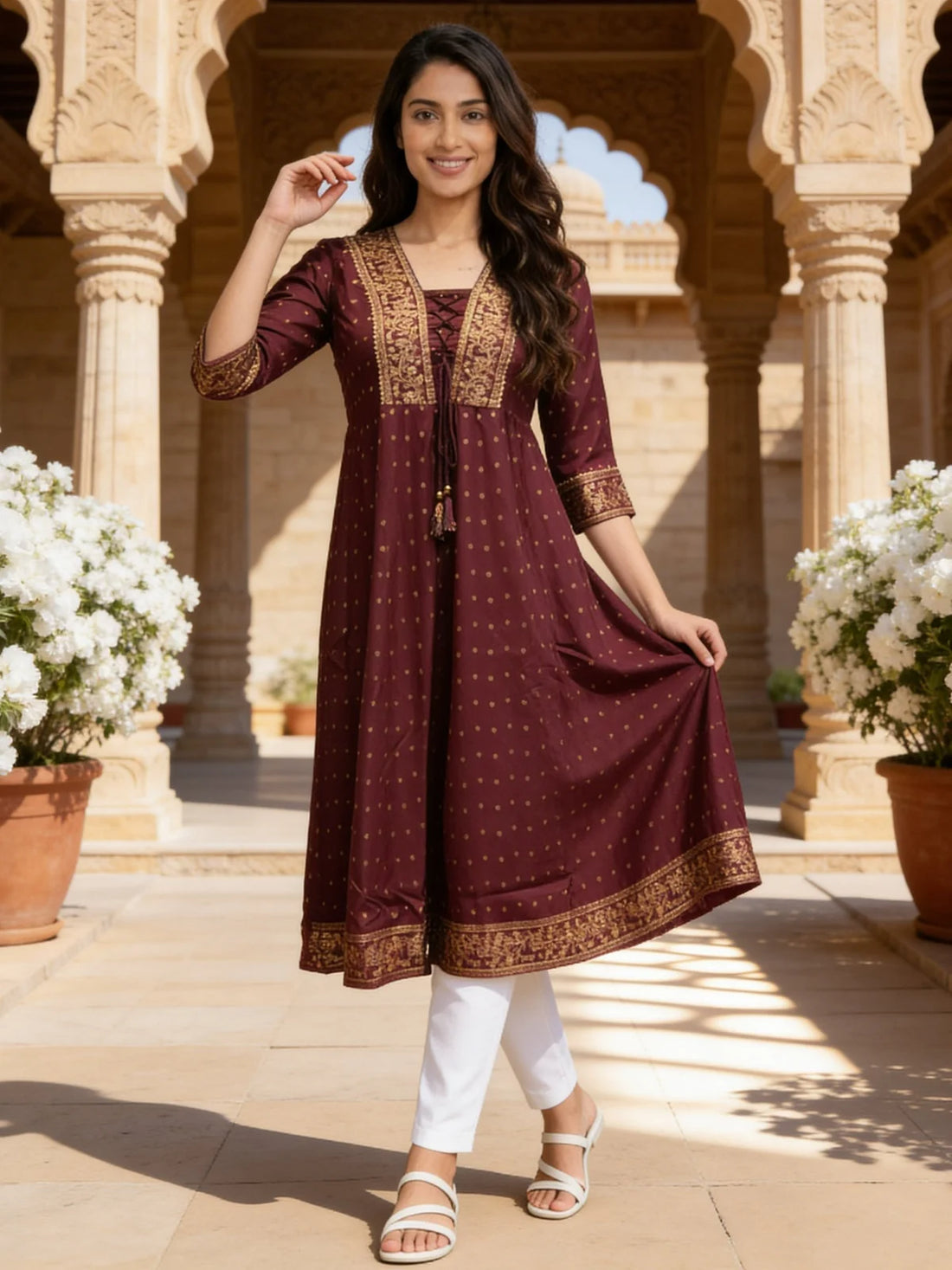 Buy Rayon Embroidered Anarkali Calf Length Kurta-Purple