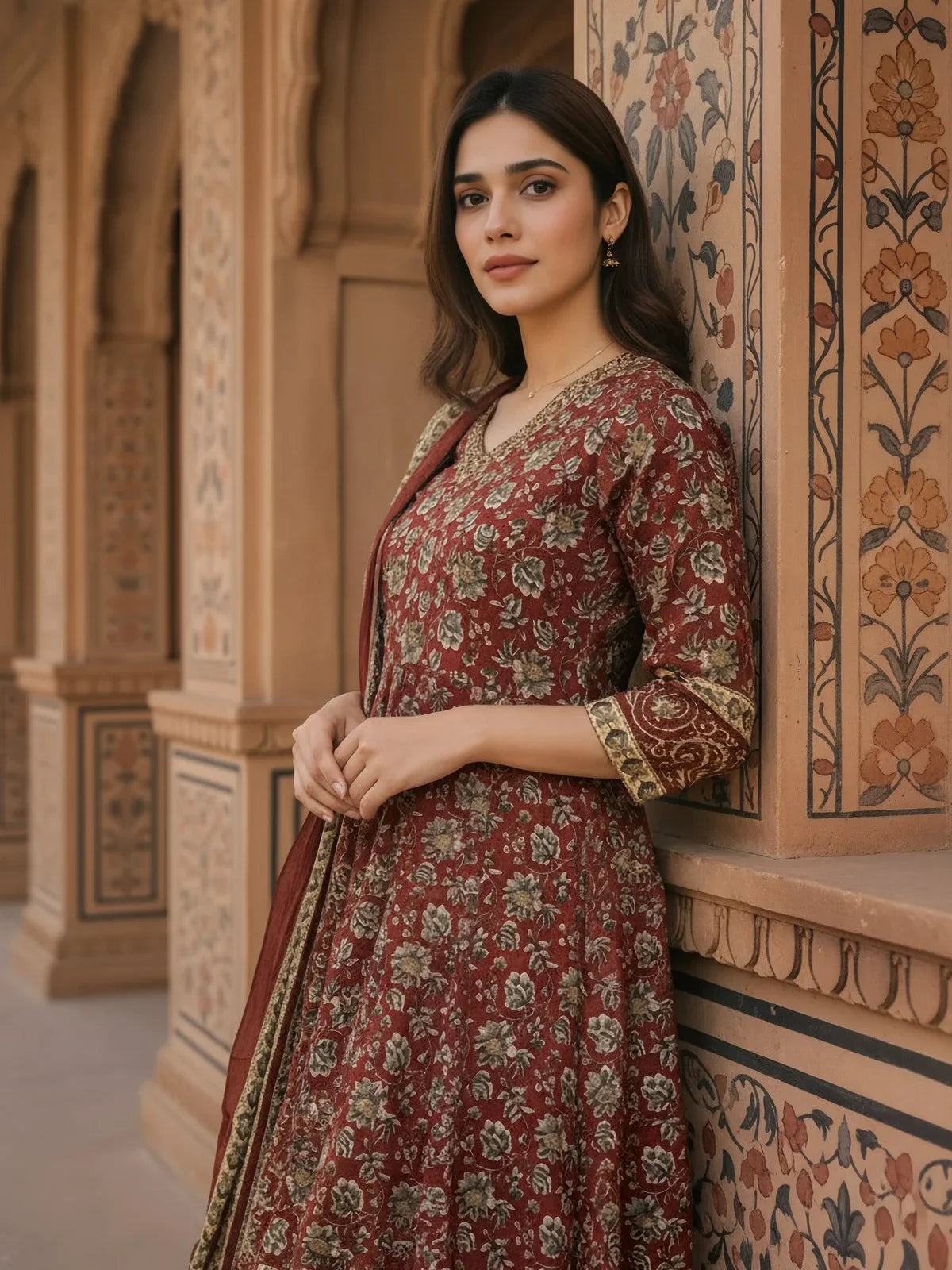 Buy Cotton Embroidered Anarkali Calf Length Kurta with Pant and Dupatta-Maroon