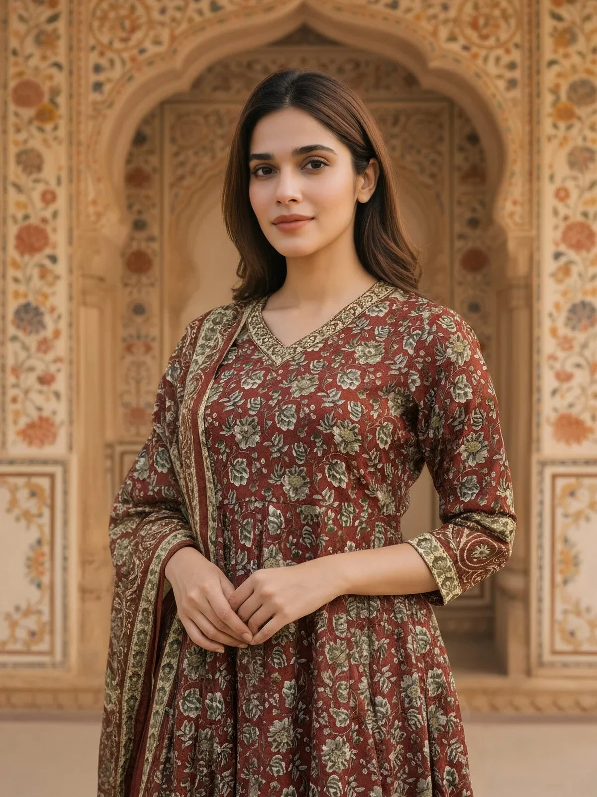 Buy Cotton Embroidered Anarkali Calf Length Kurta with Pant and Dupatta-Maroon