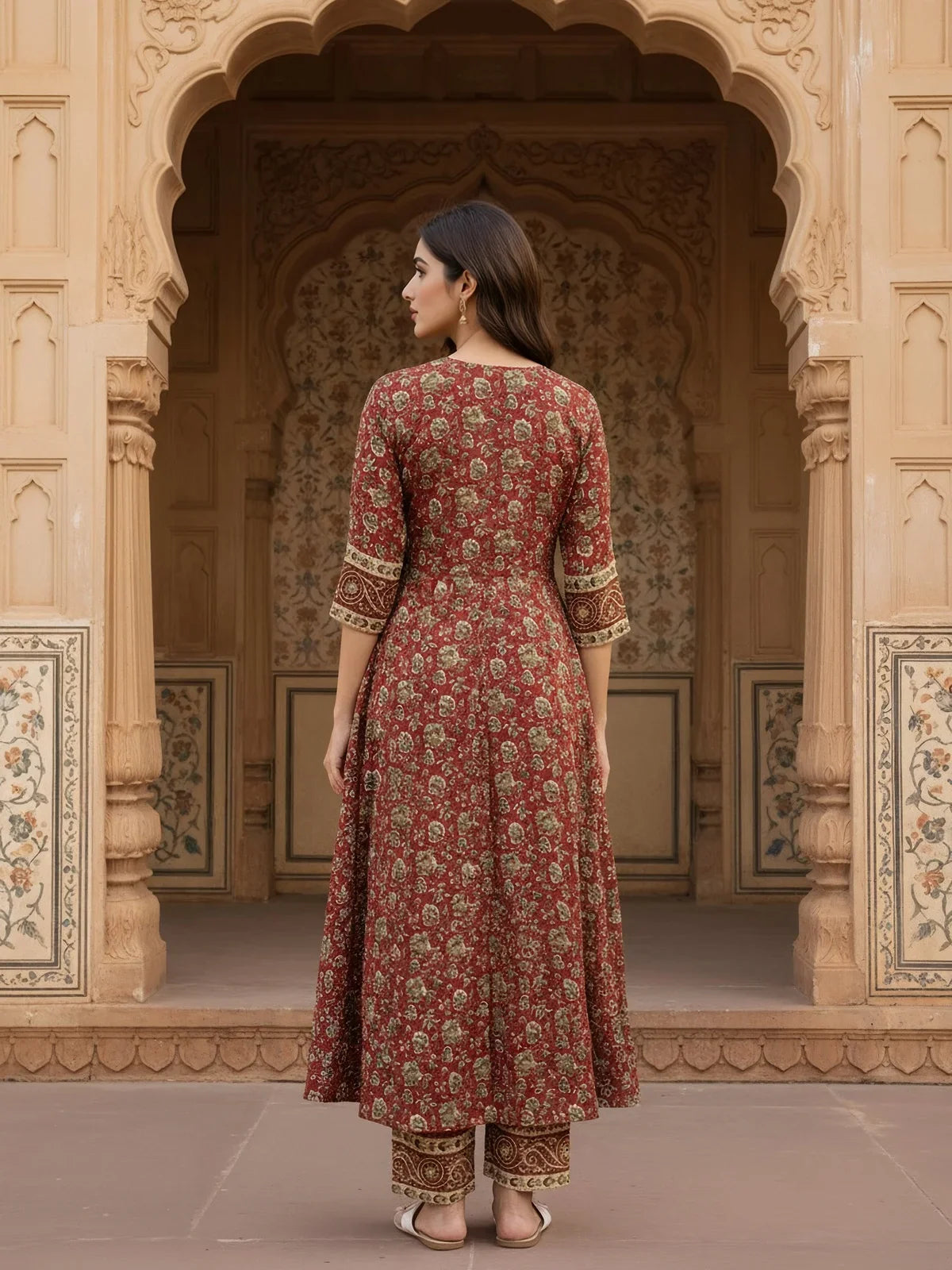 Buy Cotton Embroidered Anarkali Calf Length Kurta with Pant and Dupatta-Maroon