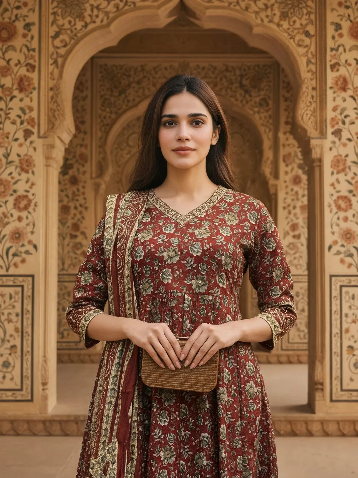 Buy Cotton Embroidered Anarkali Calf Length Kurta with Pant and Dupatta-Maroon