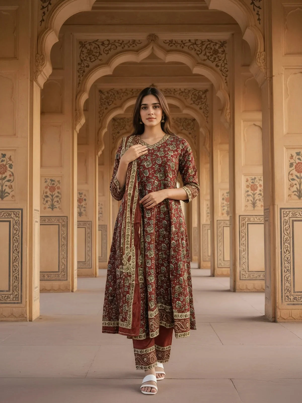 Buy Cotton Embroidered Anarkali Calf Length Kurta with Pant and Dupatta-Maroon