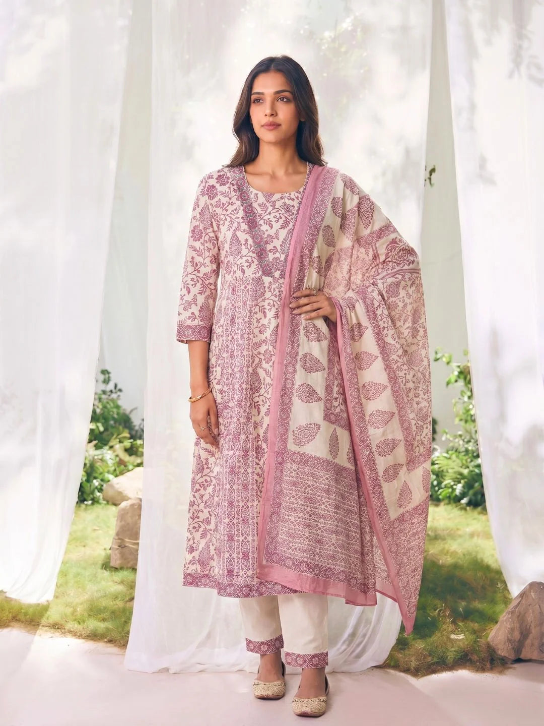 Buy Pink Cotton Embroidered Anarkali Calf Length Kurta With Pant and Dupatta-Pink