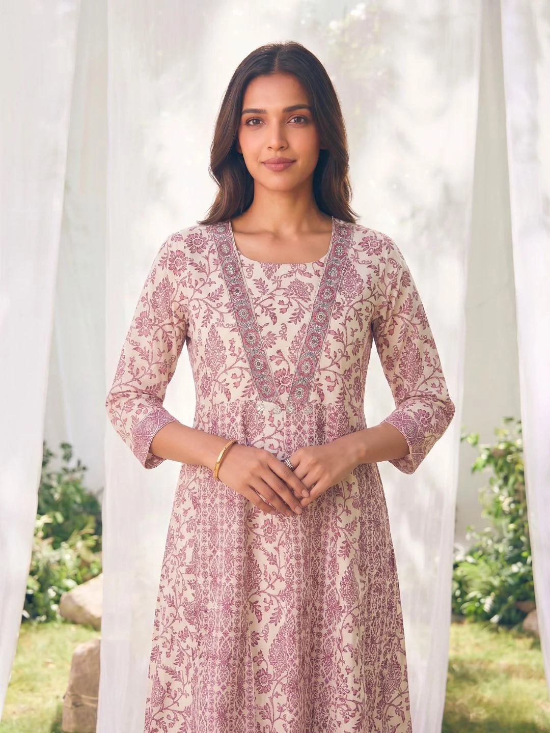 Buy Pink Cotton Embroidered Anarkali Calf Length Kurta With Pant and Dupatta-Pink