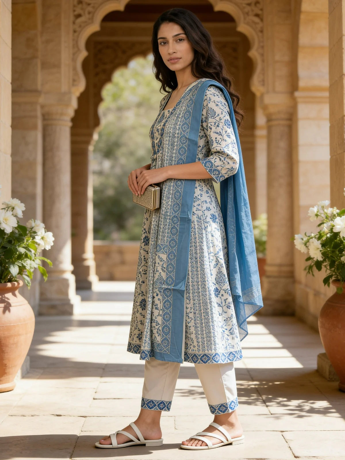 Buy Cotton Embroidered Anarkali Calf Length Kurta With Pant and Dupatta-Teal