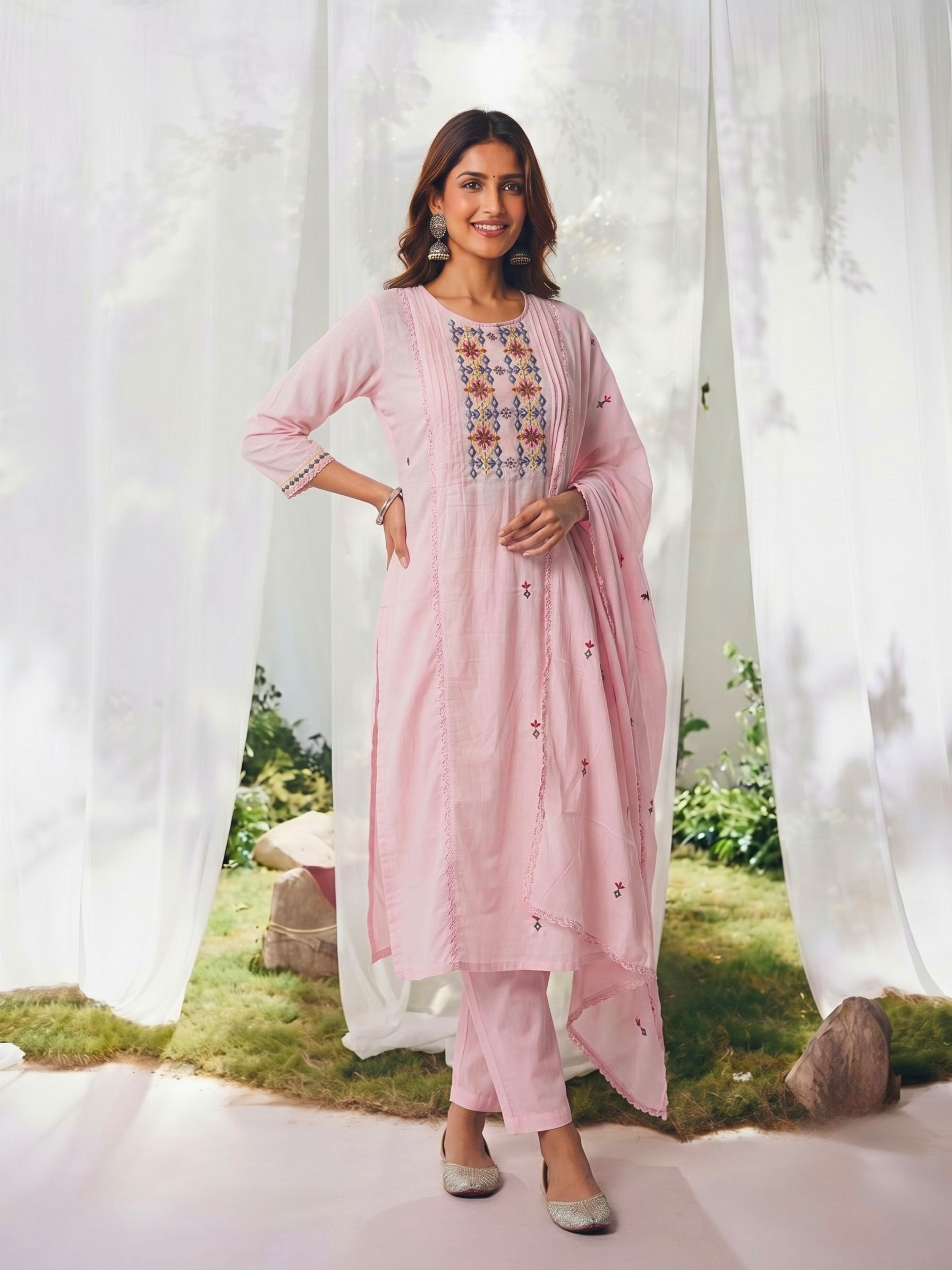 Cotton Embroidered Straight Calf Length Kurta With Pant and Dupatta