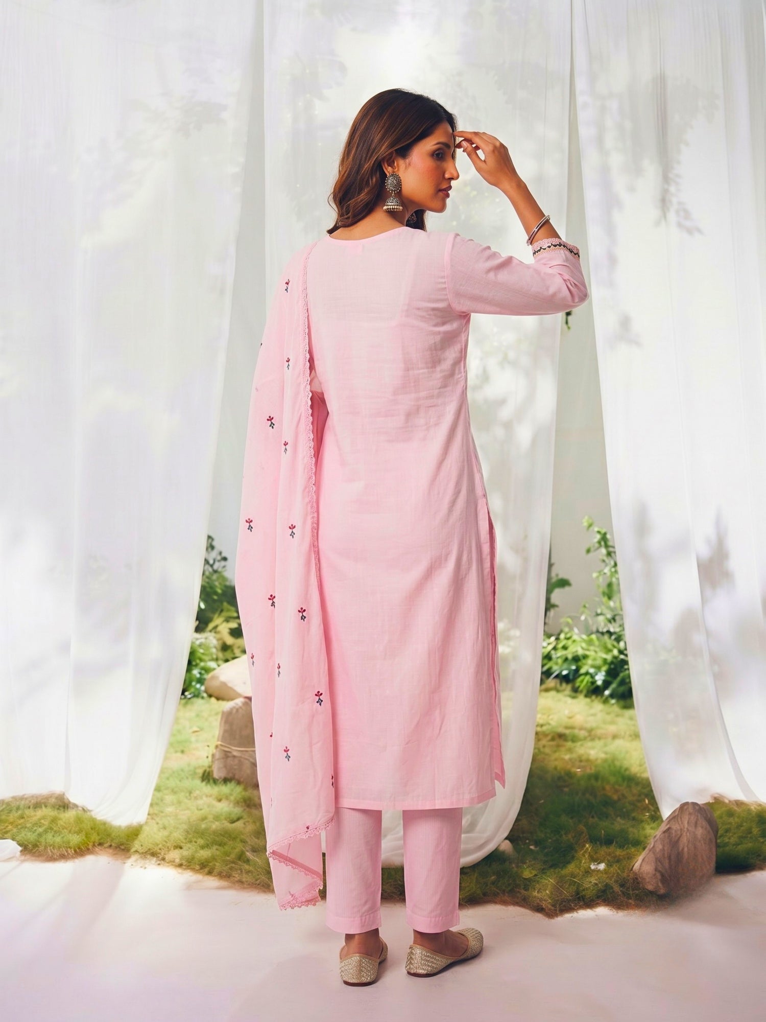 Buy Cotton Embroidered Straight Calf Length Kurta With Pant and Dupatta-Pink